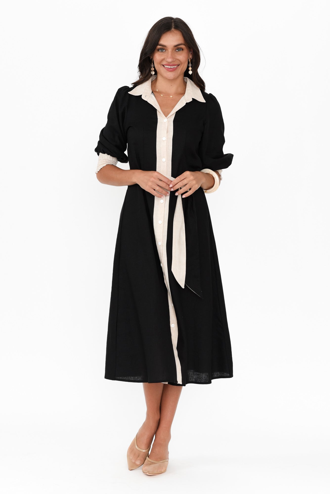 Catalina Black Trim Linen Blend Tie Dress