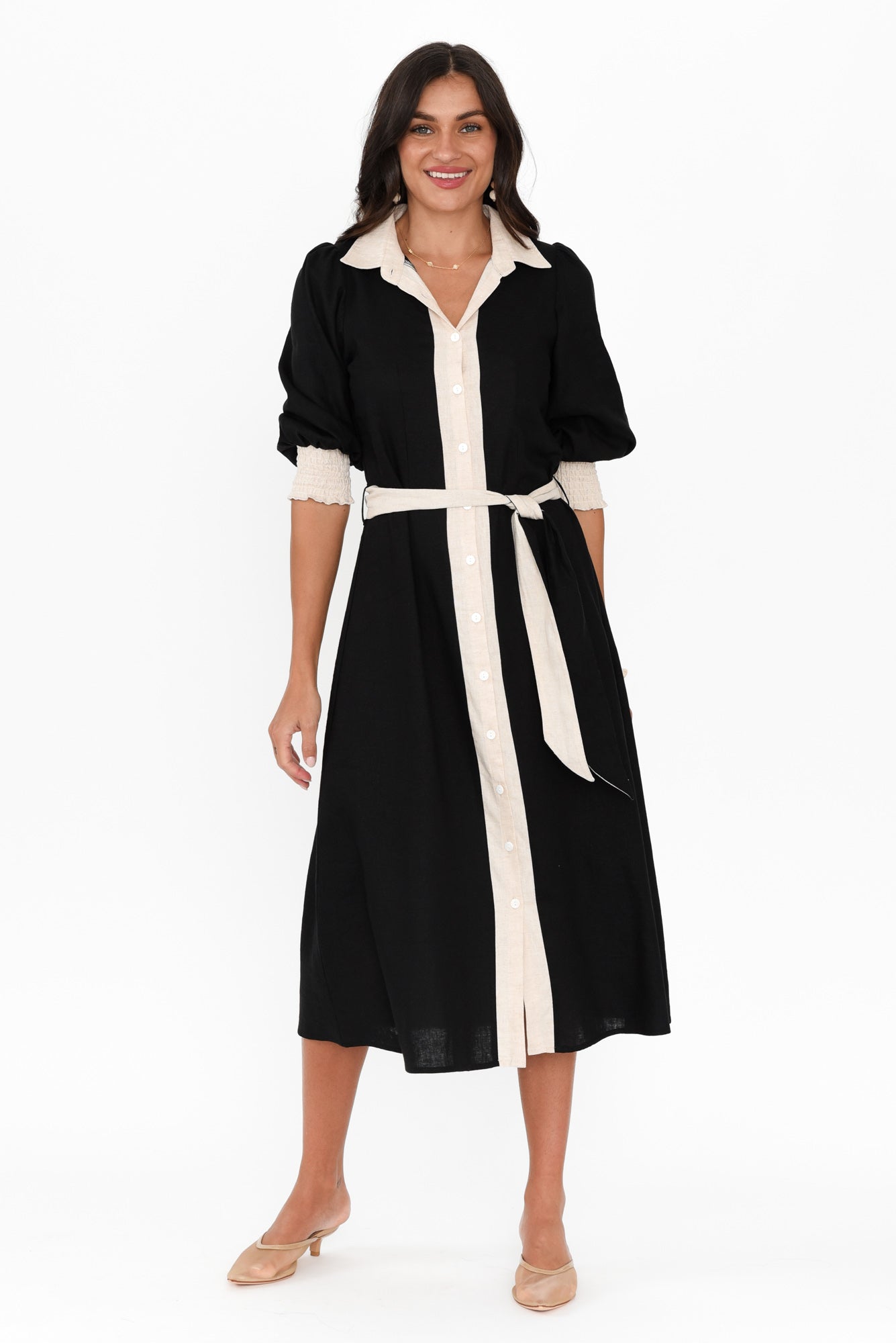 Catalina Black Trim Linen Blend Tie Dress