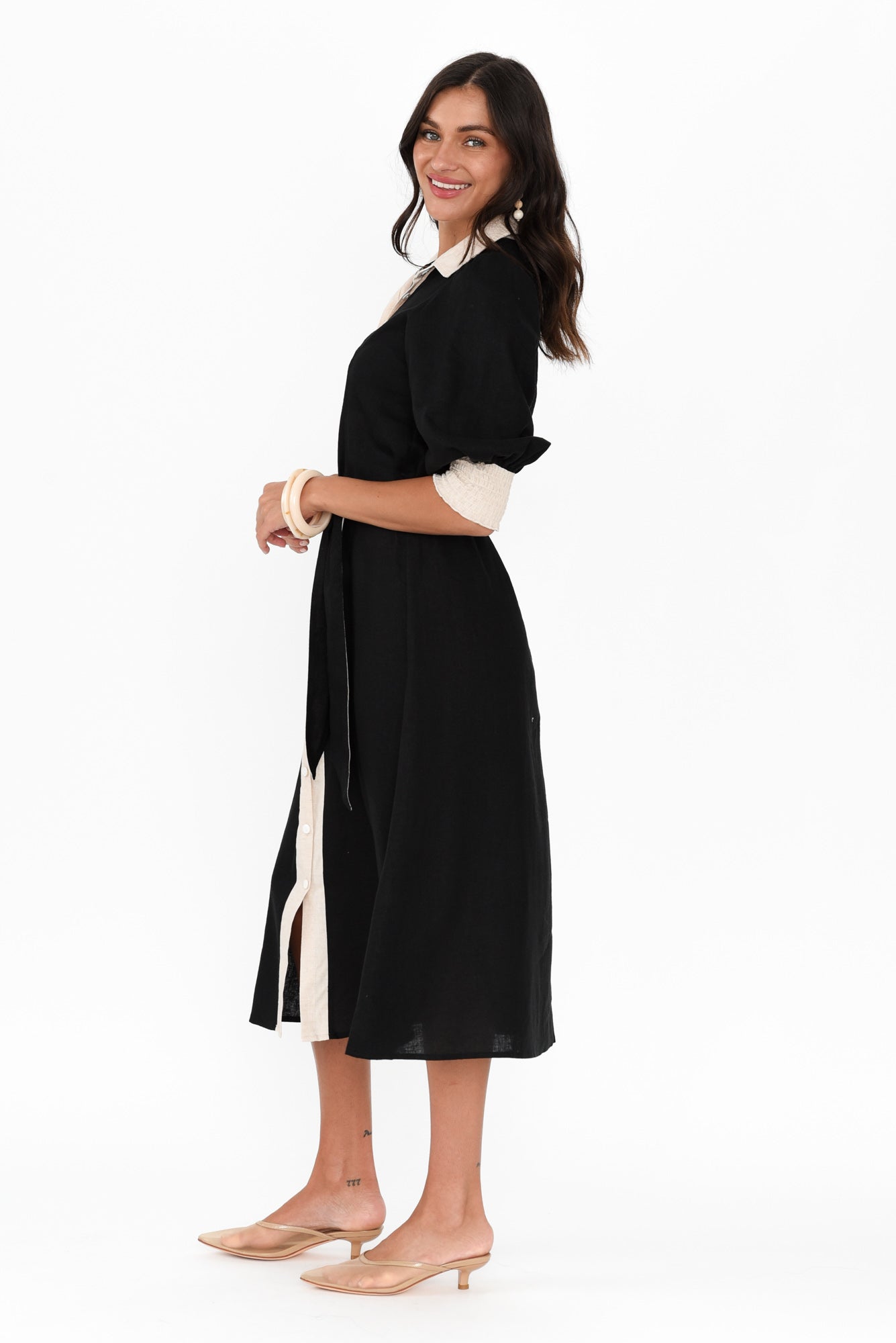 Catalina Black Trim Linen Blend Tie Dress