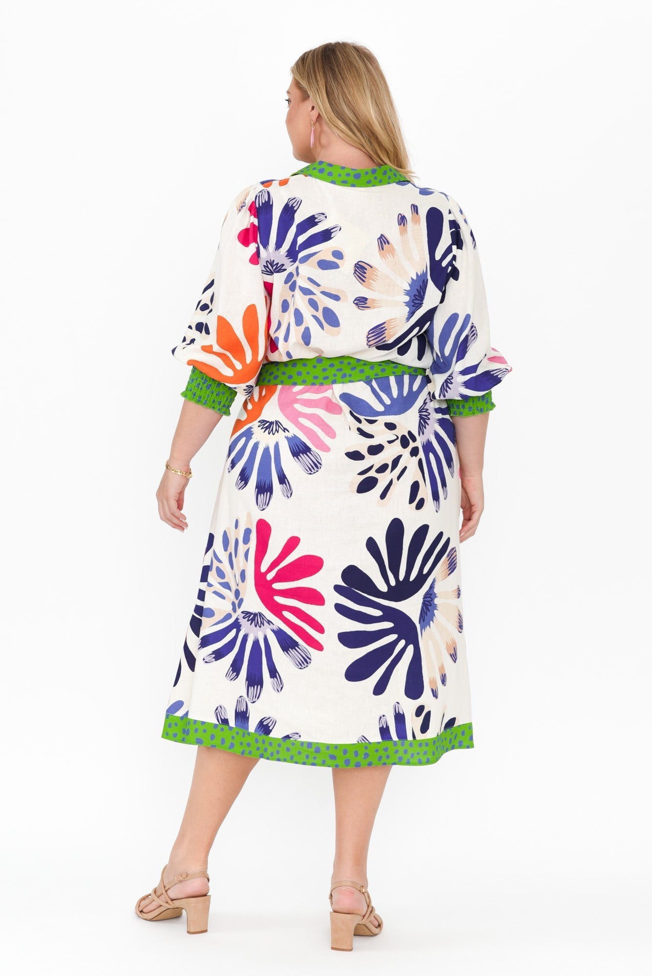 Catalina Cream Abstract Linen Blend Tie Dress