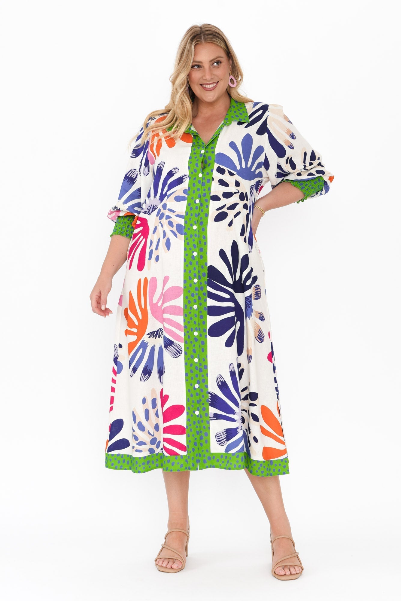 Catalina Cream Abstract Linen Blend Tie Dress