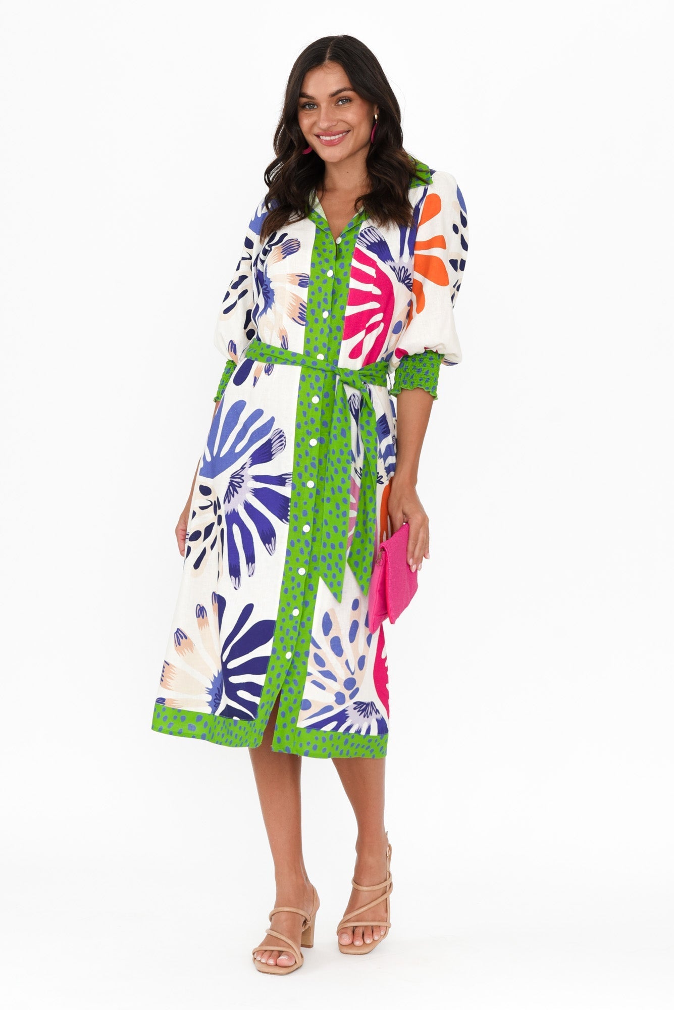 Catalina Cream Abstract Linen Blend Tie Dress