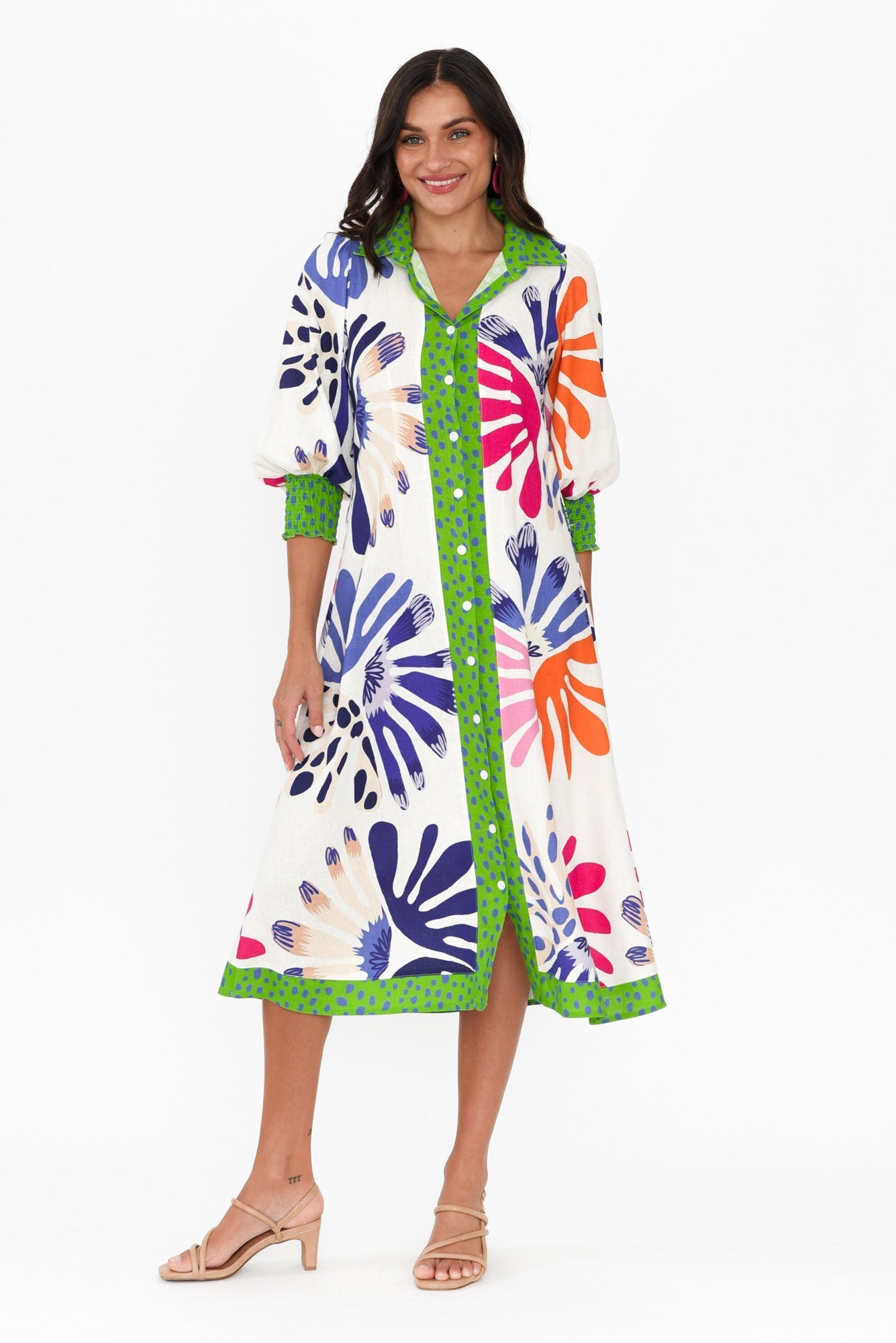 Catalina Cream Abstract Linen Blend Tie Dress