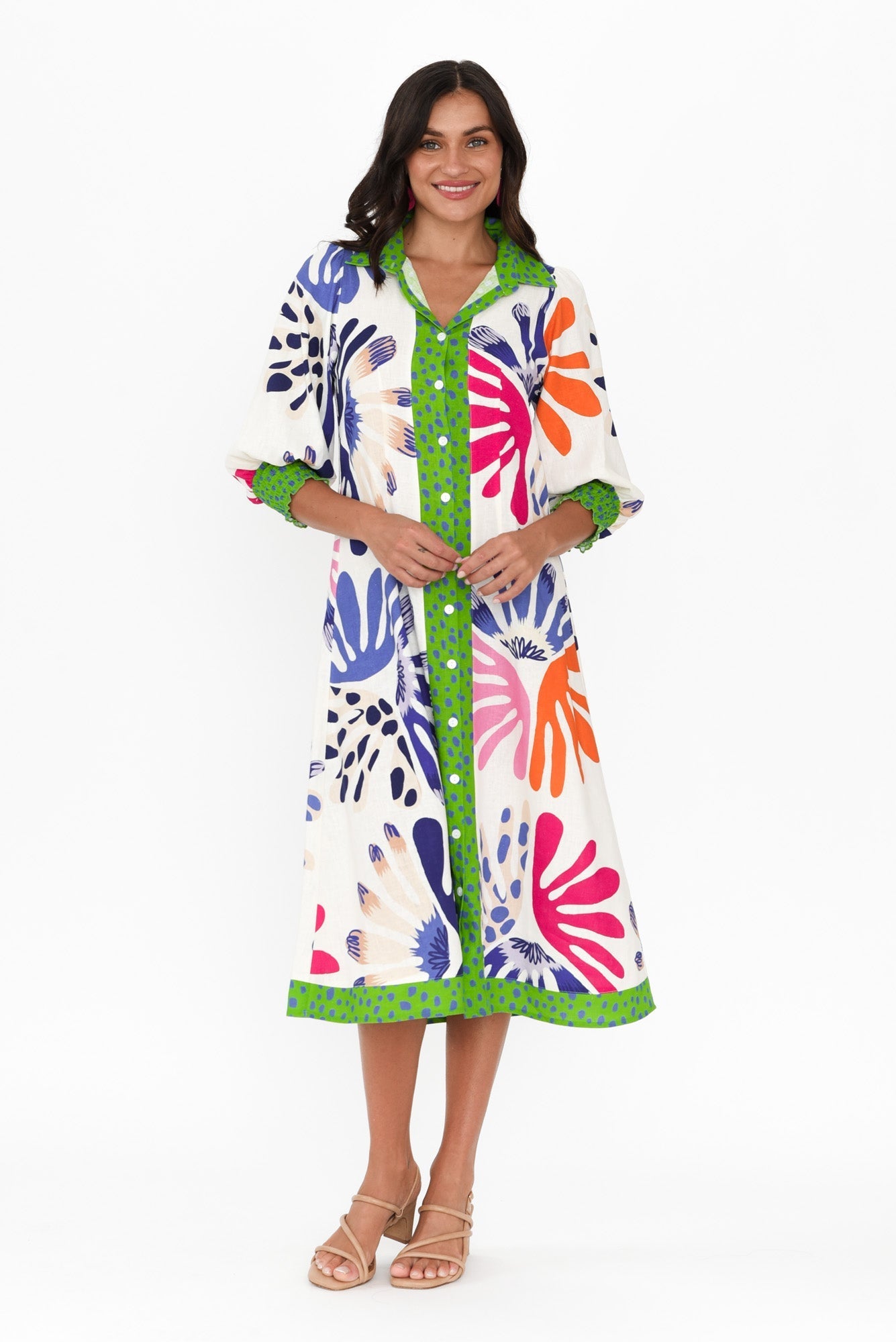 Catalina Cream Abstract Linen Blend Tie Dress