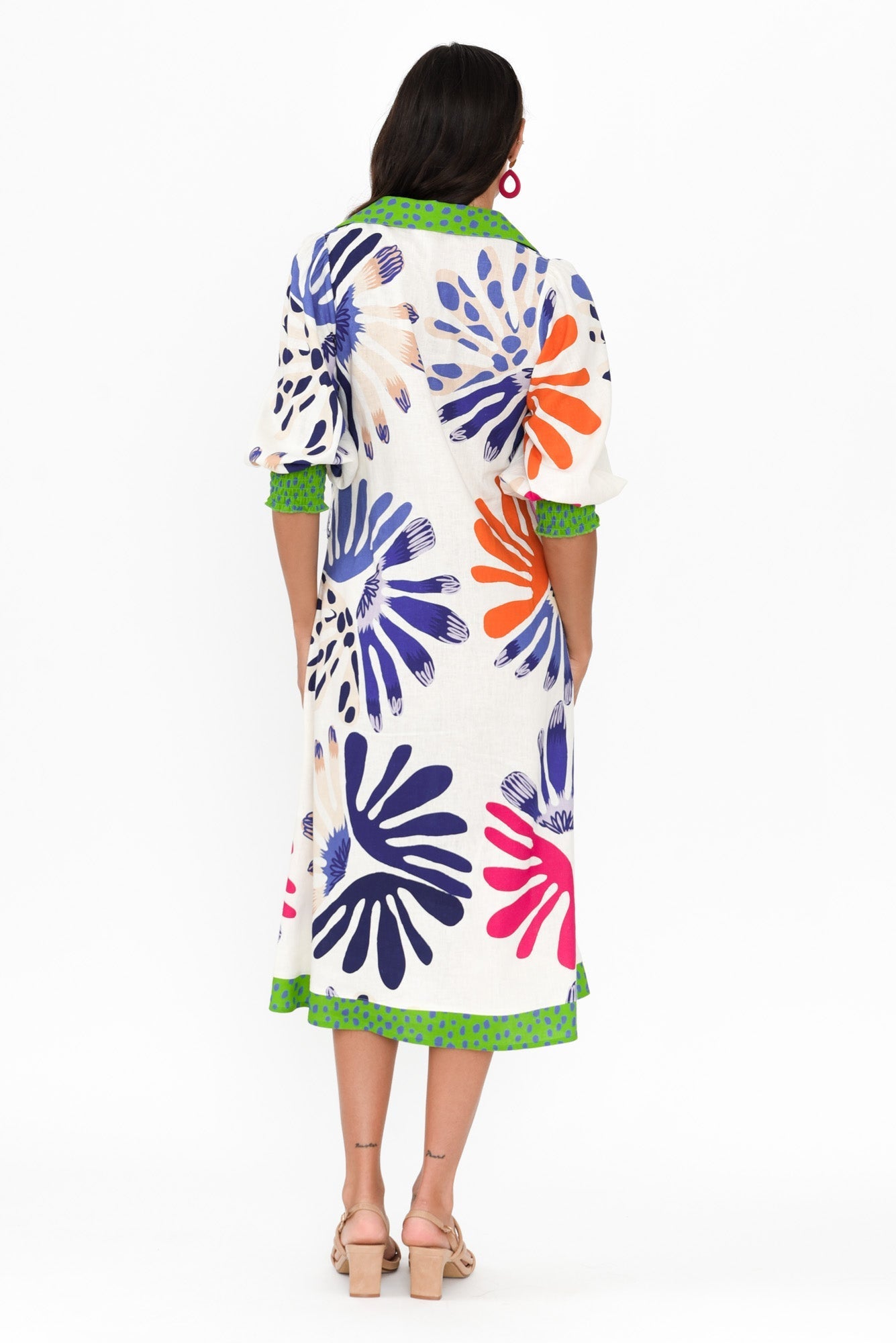 Catalina Cream Abstract Linen Blend Tie Dress