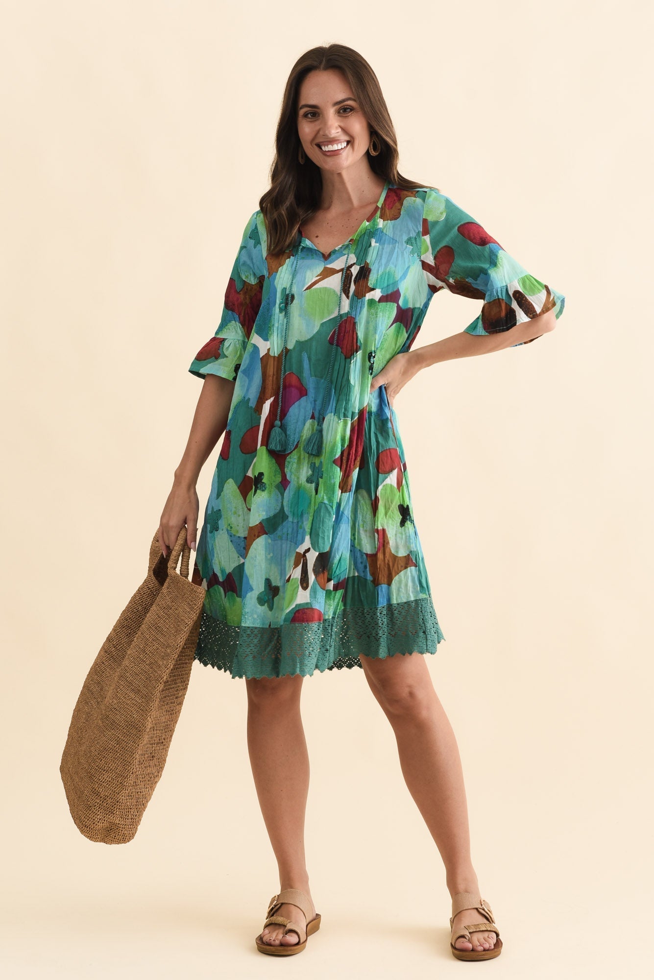Cayman Teal Flower Cotton Tunic Dress