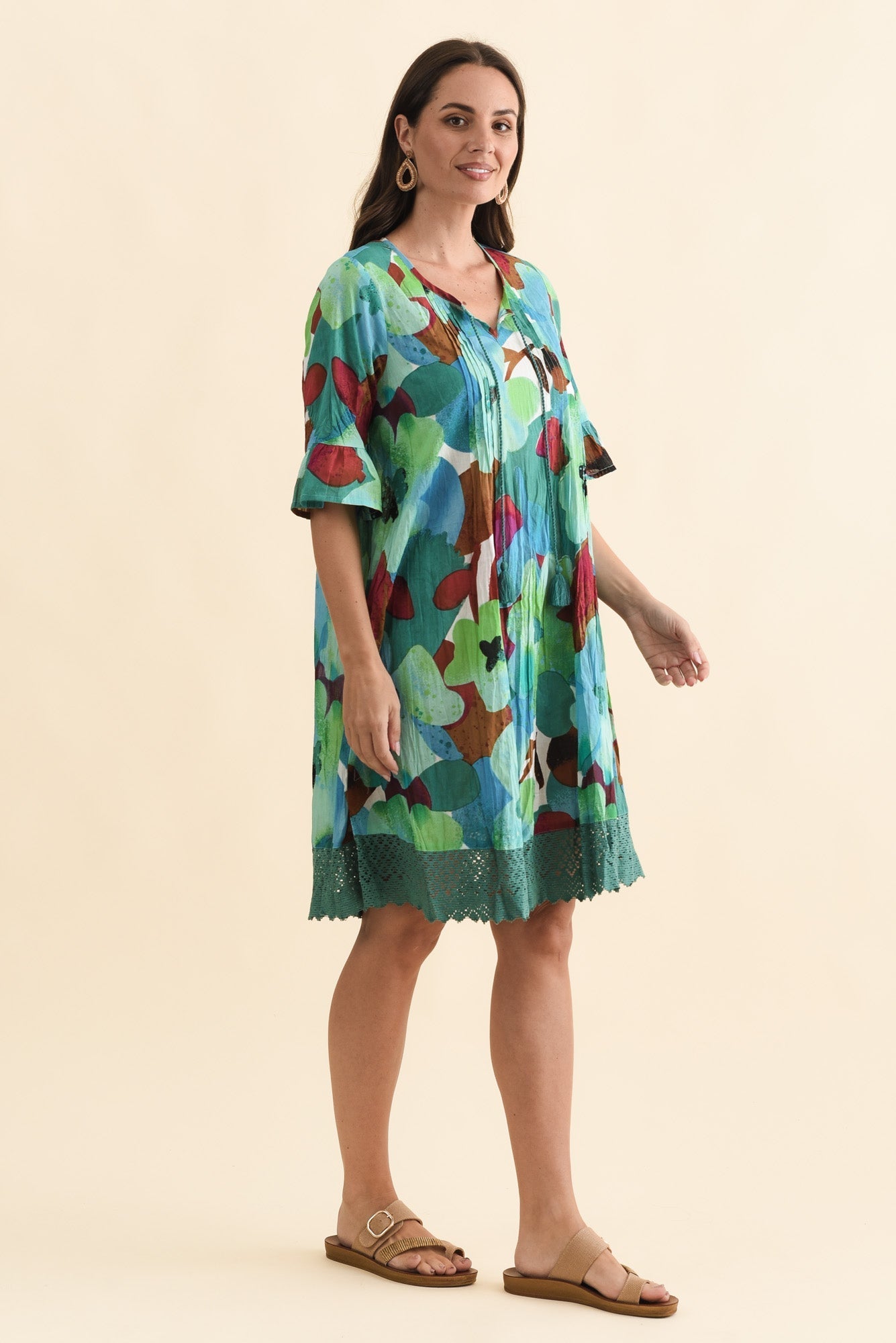 Cayman Teal Flower Cotton Tunic Dress