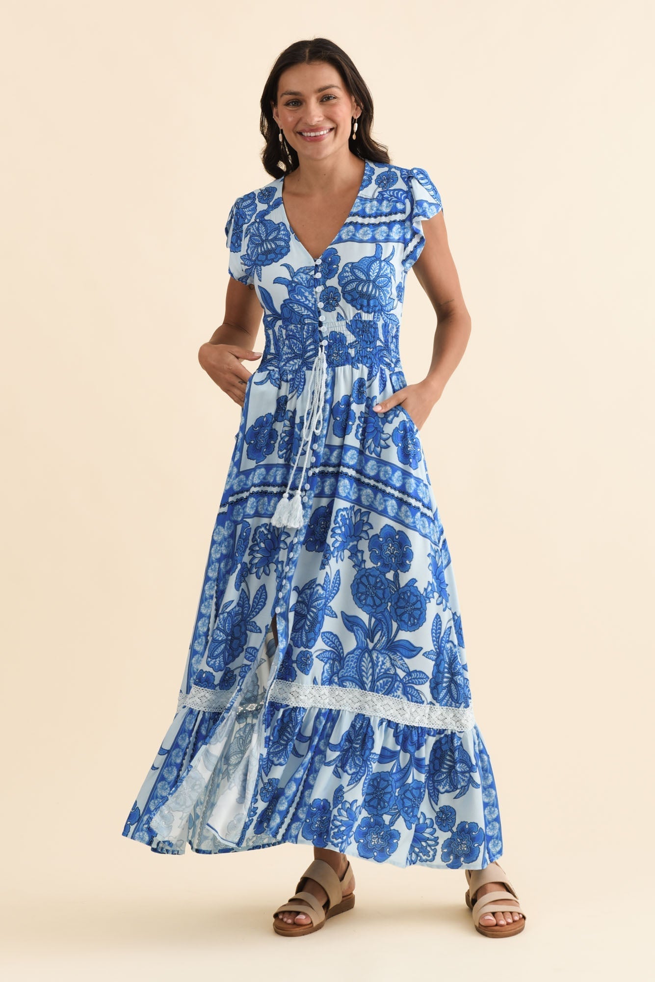 Chappelle Blue Bloom Button Dress