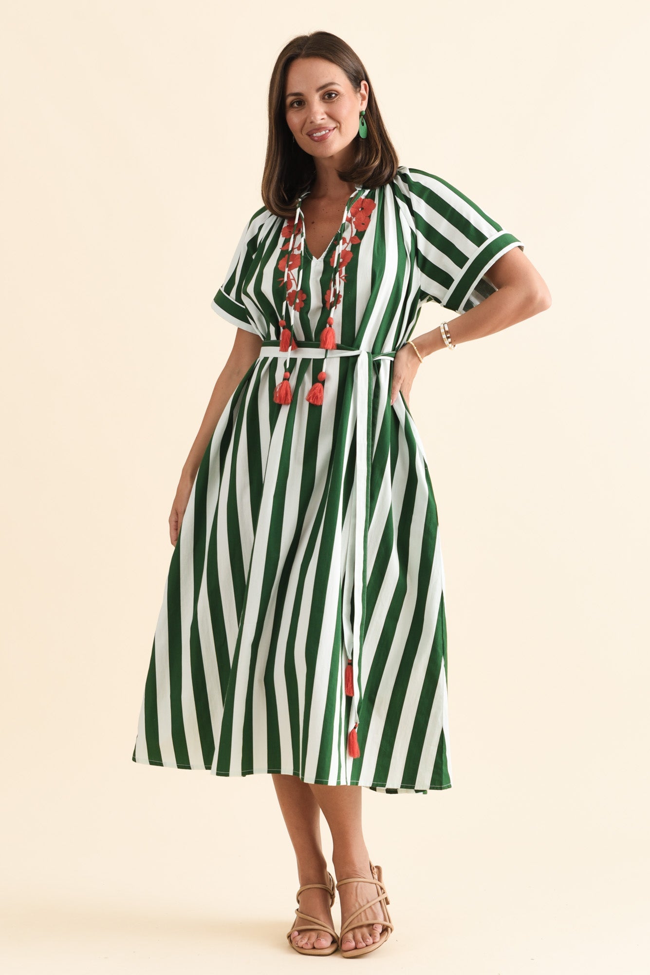 Claras Green Stripe Cotton Tie Dress