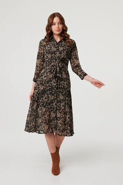 Abstract Tie Waist Shirt Midi Dress Front View