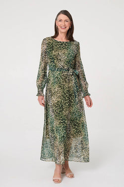 Animal Print Semi Sheer Tie Maxi Dress Front View