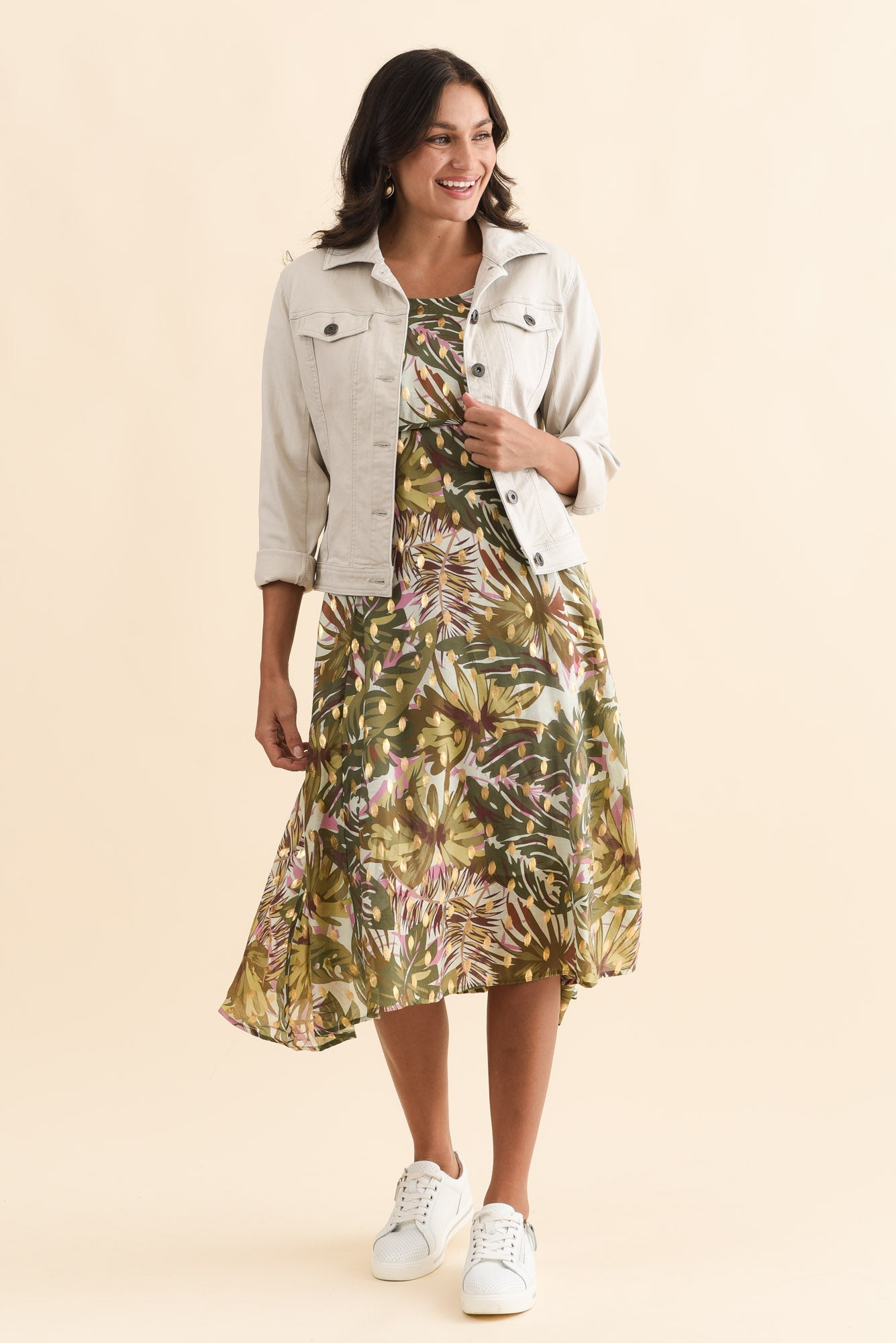 Darling Khaki Tropical Foil Crescent Dress