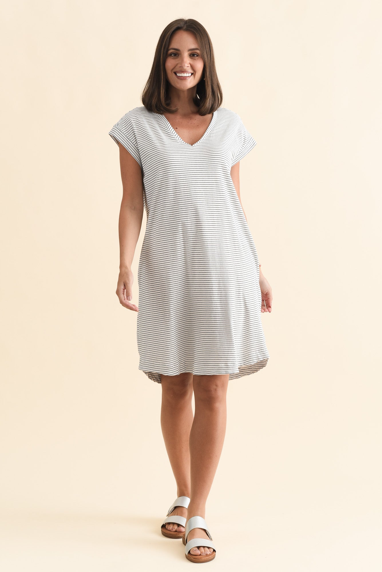 Daphne Black Stripe Cotton V Neck Dress