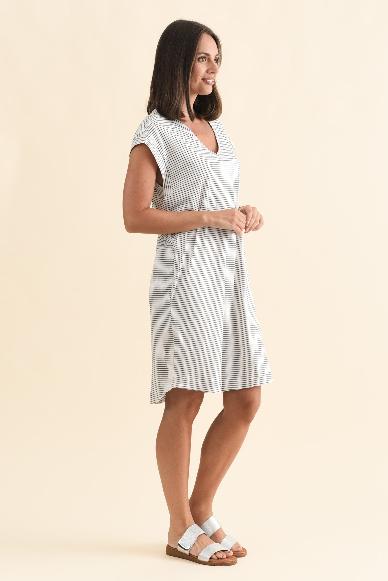 Daphne Black Stripe Cotton V Neck Dress