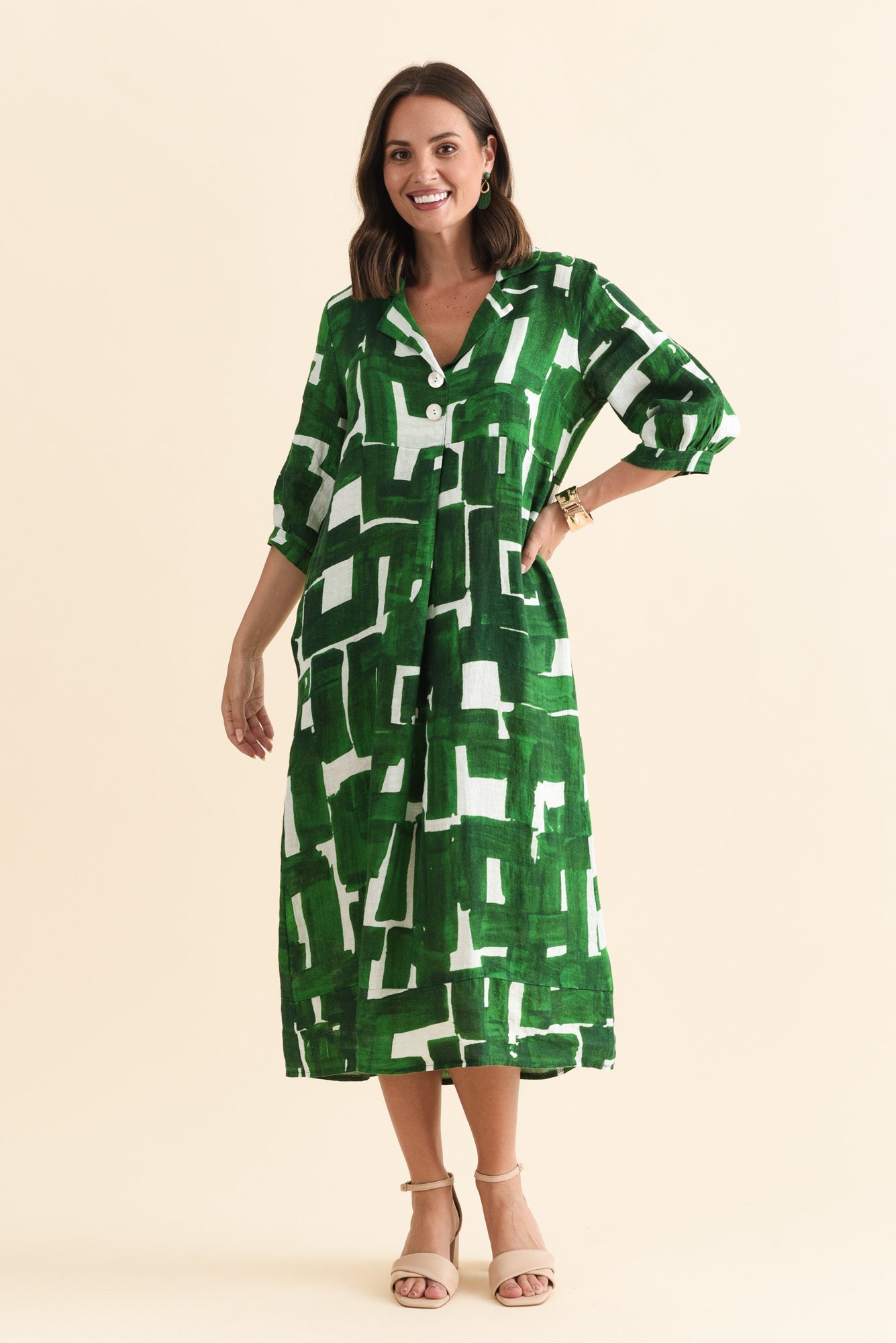 Daria Green Geo Linen Collared Dress