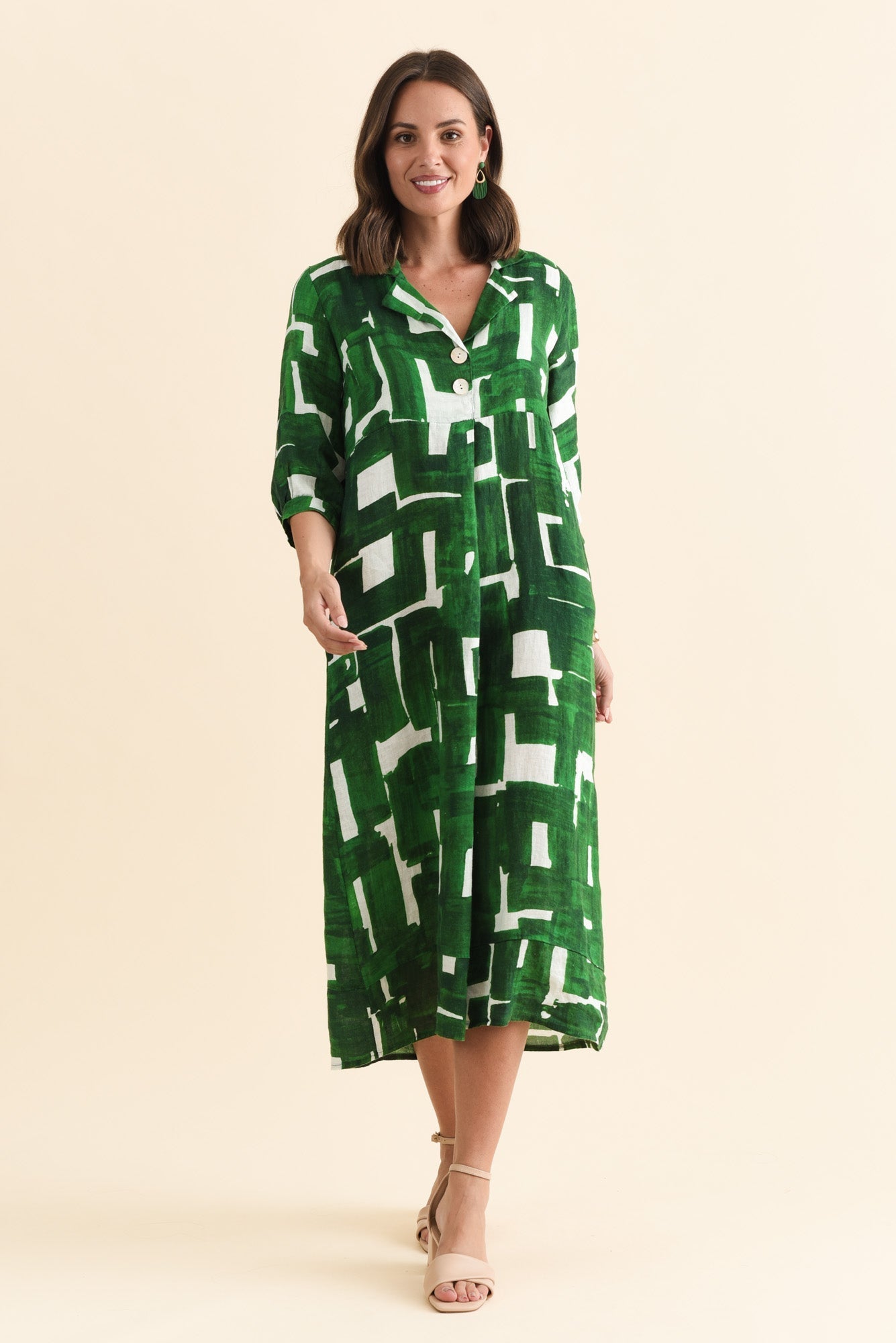 Daria Green Geo Linen Collared Dress
