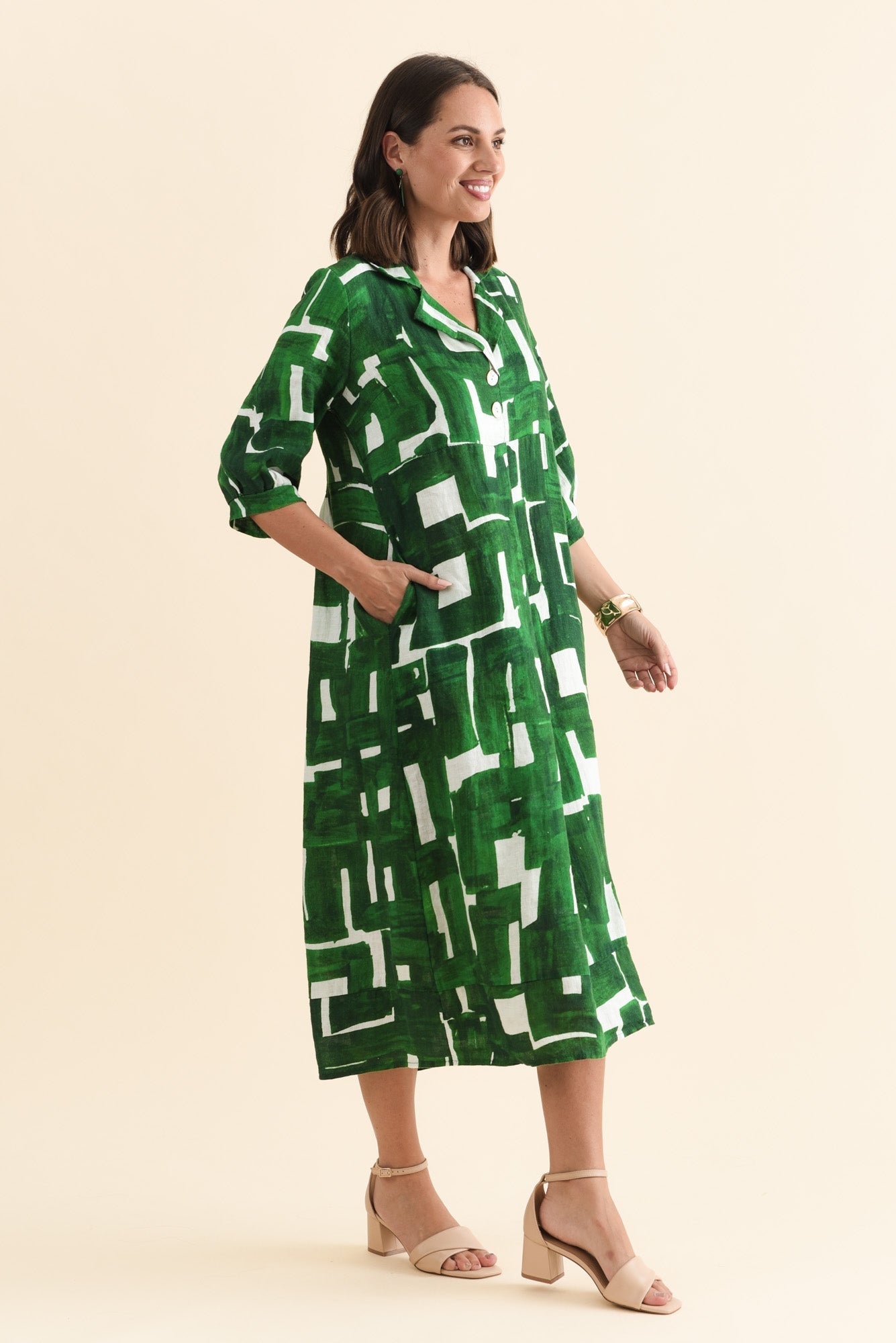 Daria Green Geo Linen Collared Dress