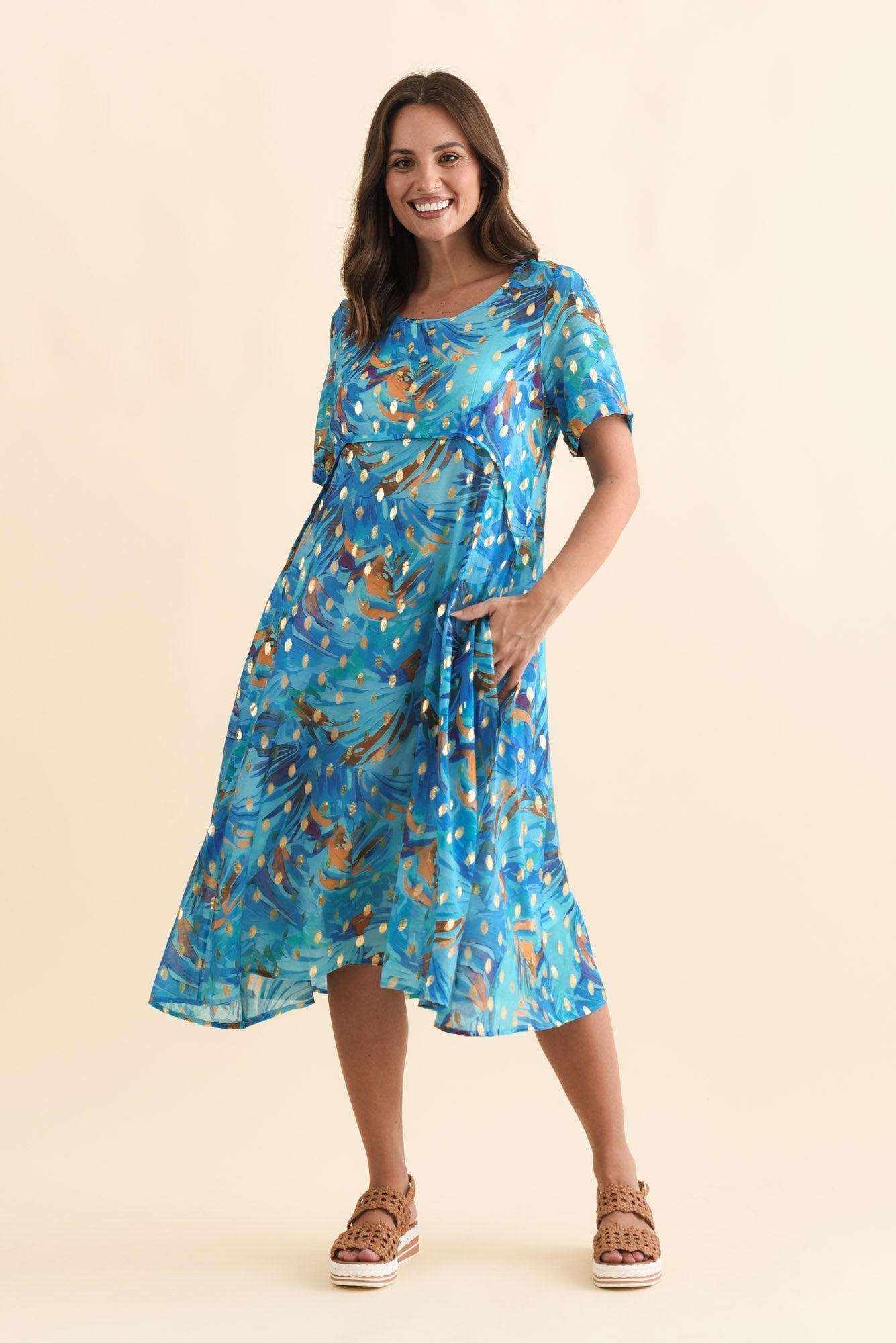 Darling Aqua Burst Foil Crescent Dress