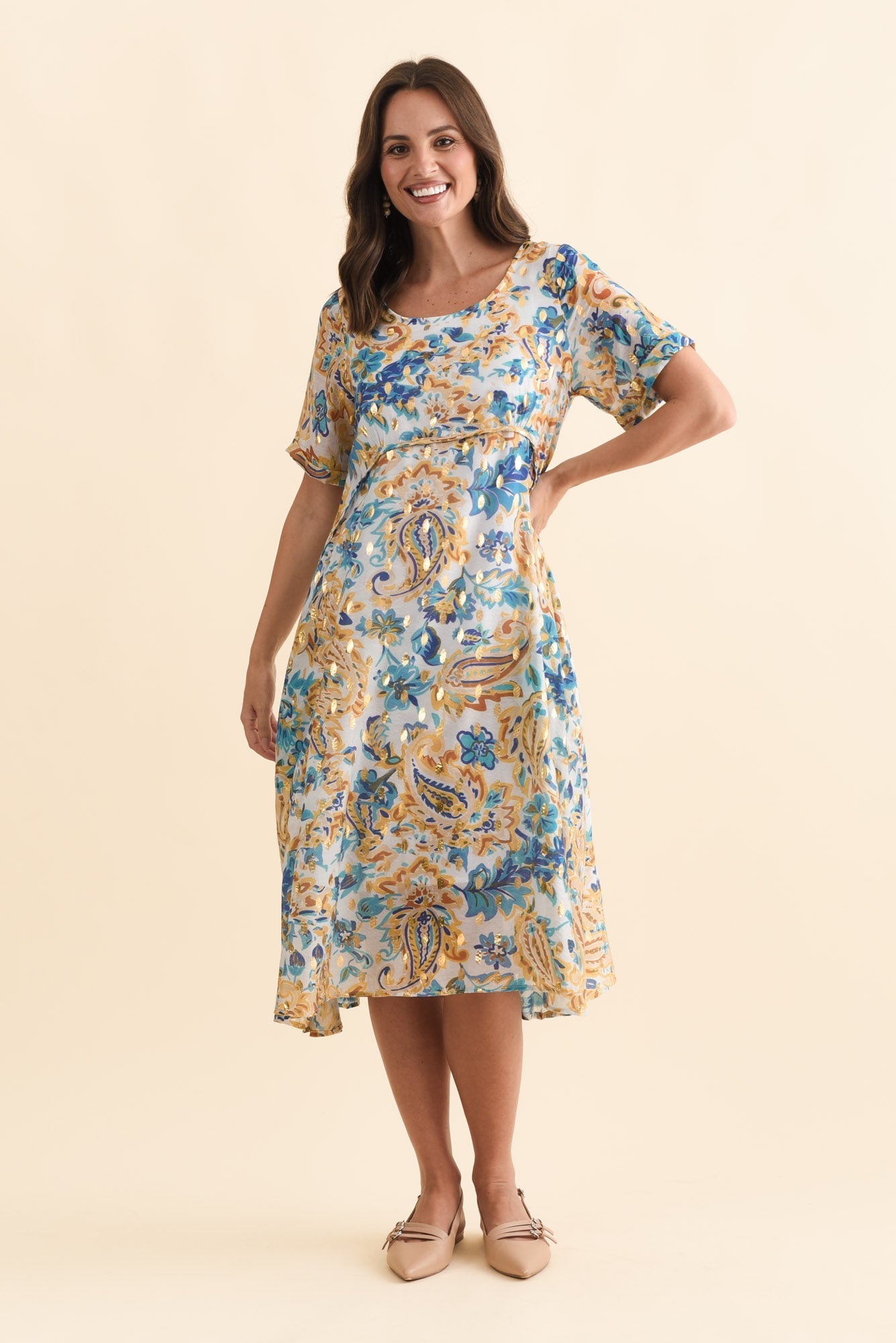 Darling Blue Paisley Foil Crescent Dress