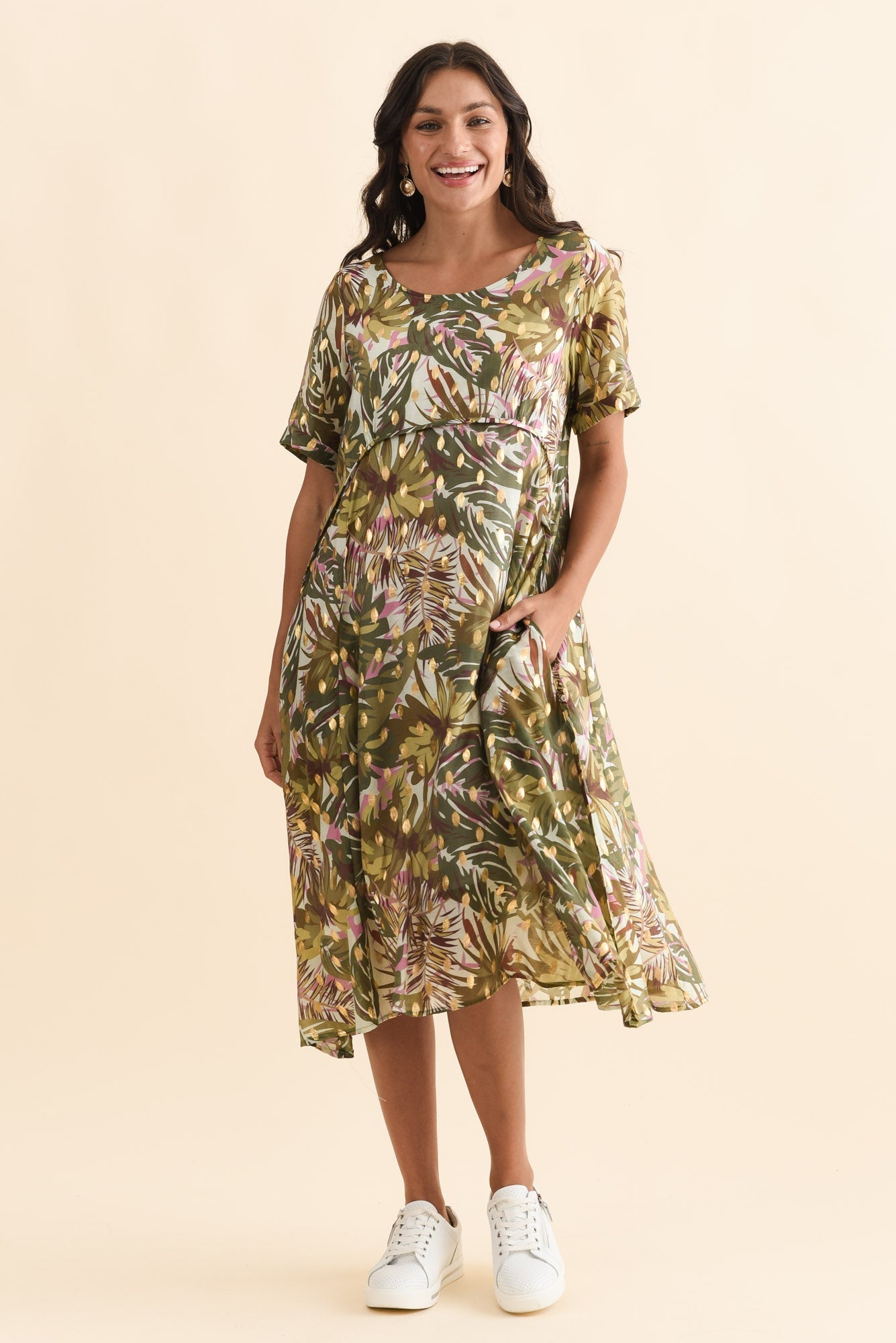 Darling Khaki Tropical Foil Crescent Dress
