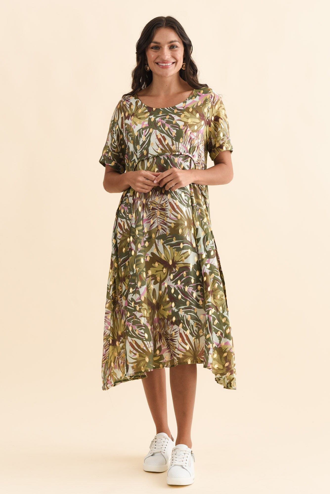 Darling Khaki Tropical Foil Crescent Dress