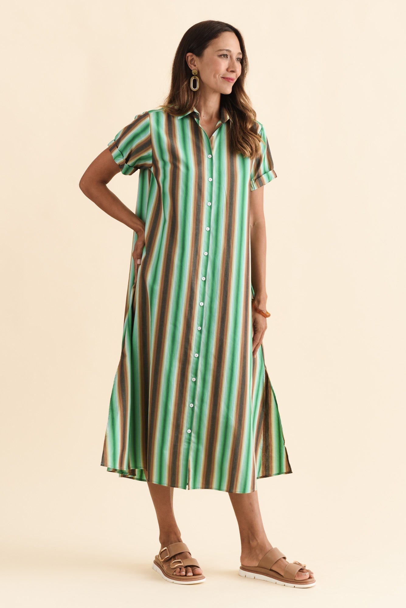 Deirdre Green Stripe Cotton Tie Dress