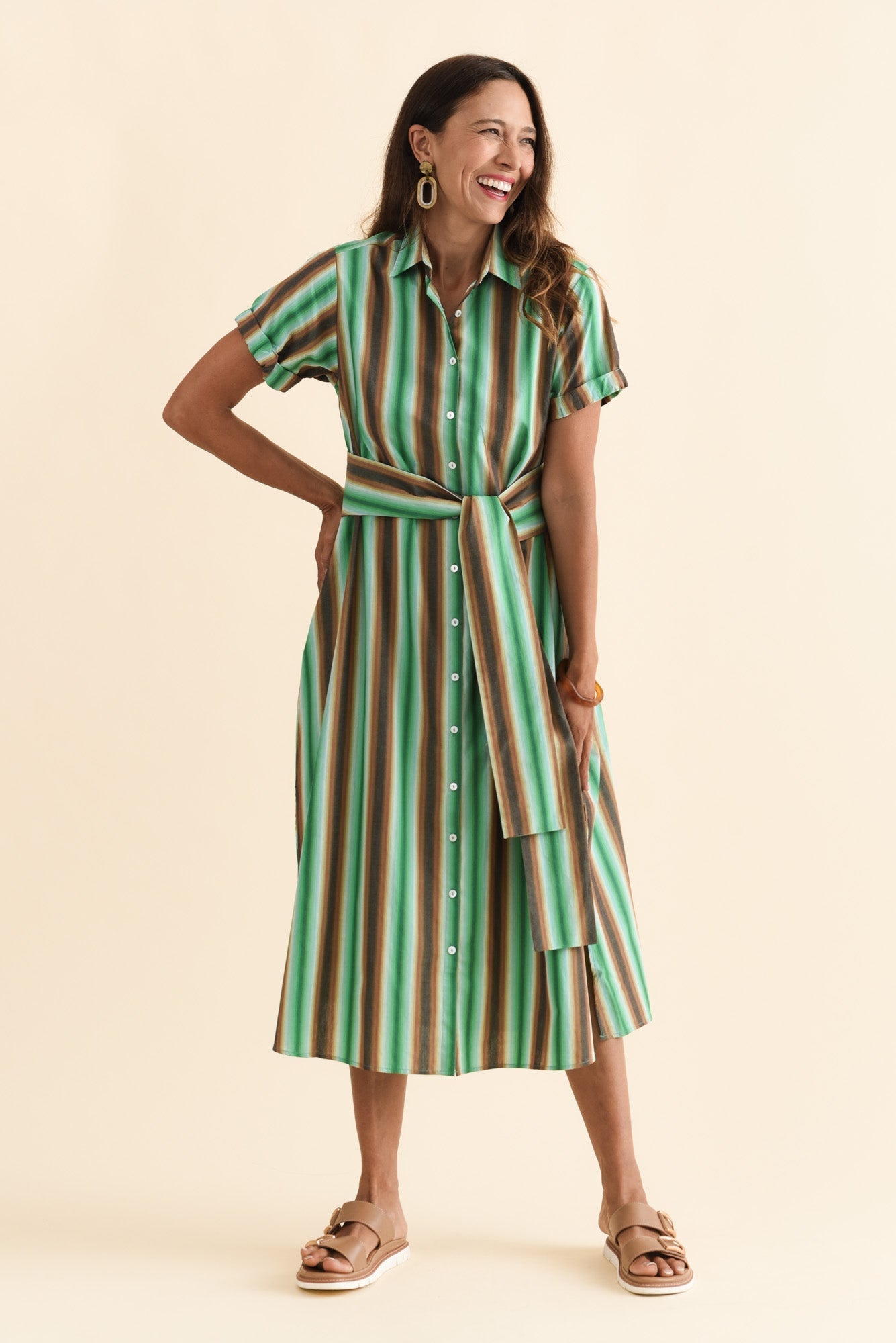 Deirdre Green Stripe Cotton Tie Dress