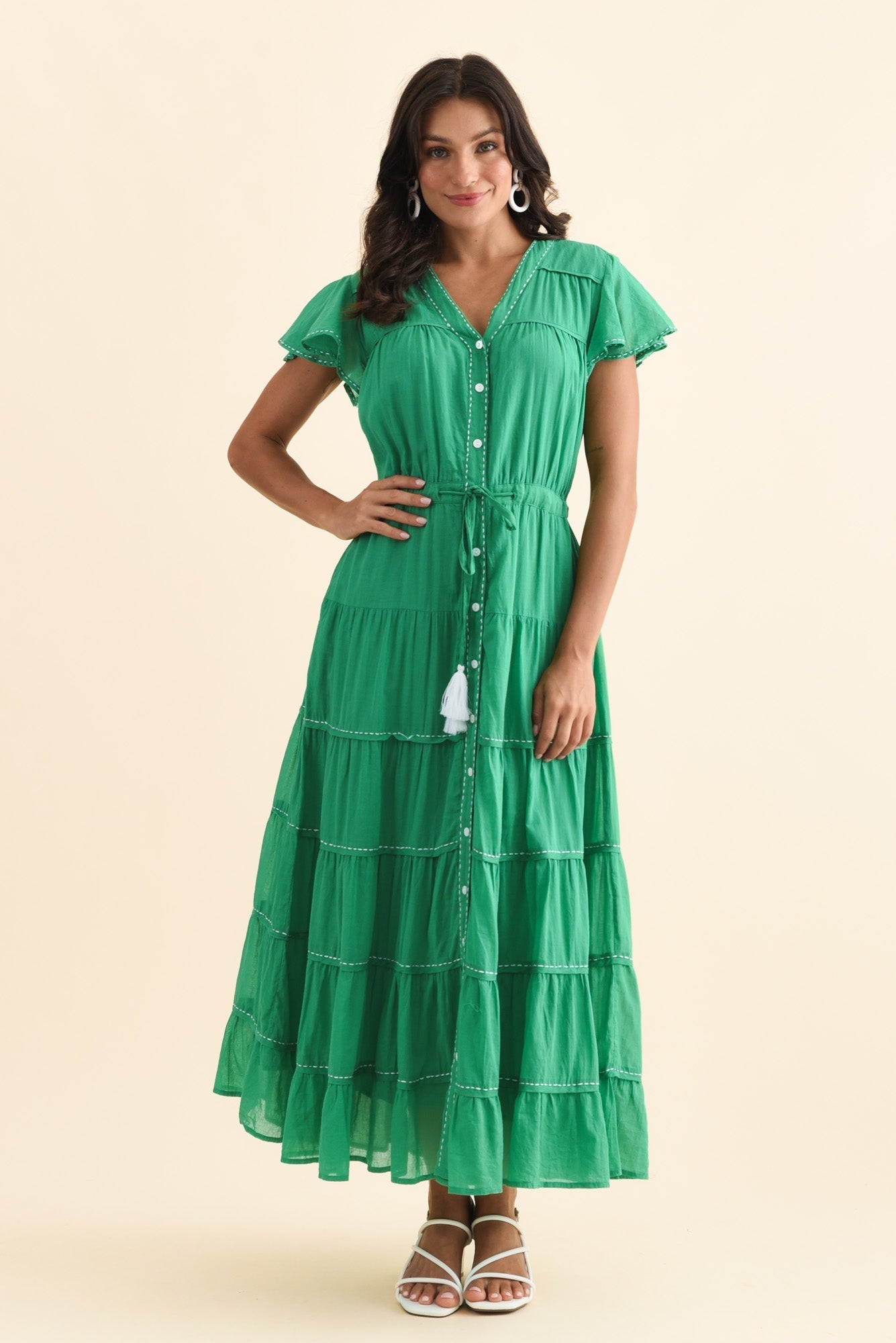 Delilah Green Cotton Tier Dress