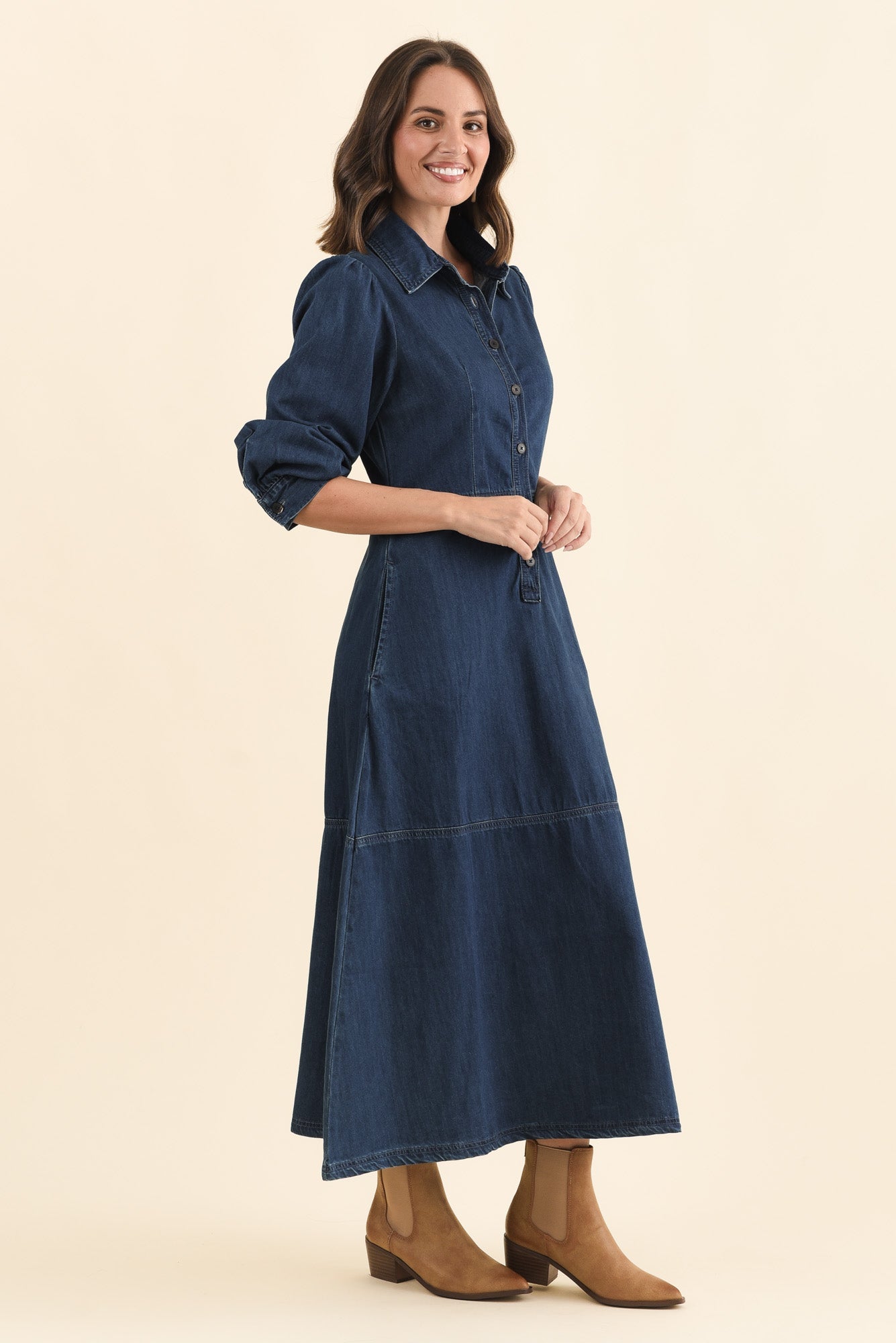 Detroit Dark Blue Denim Sleeved Dress