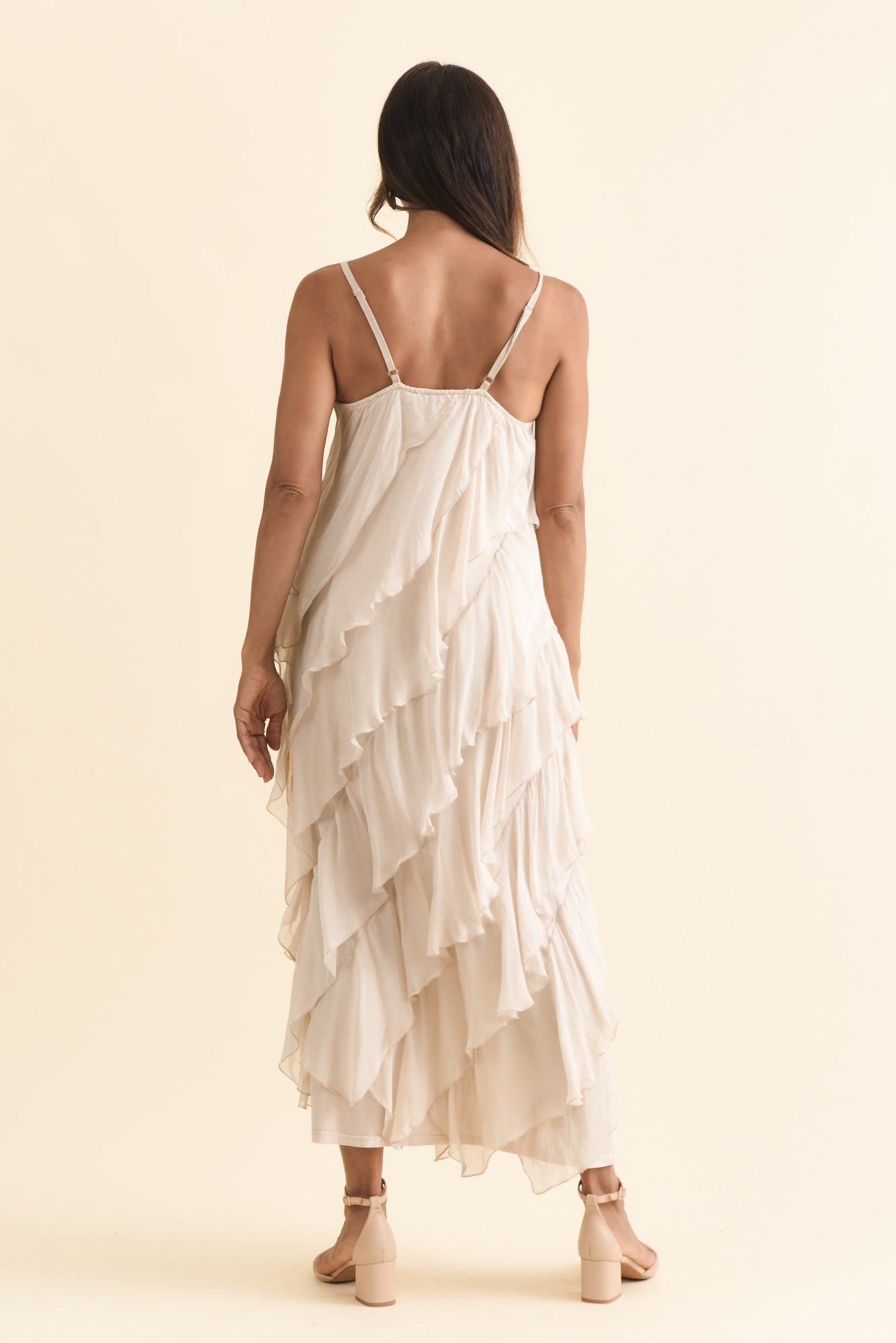 Dominica Champagne Silk Ruffle Dress