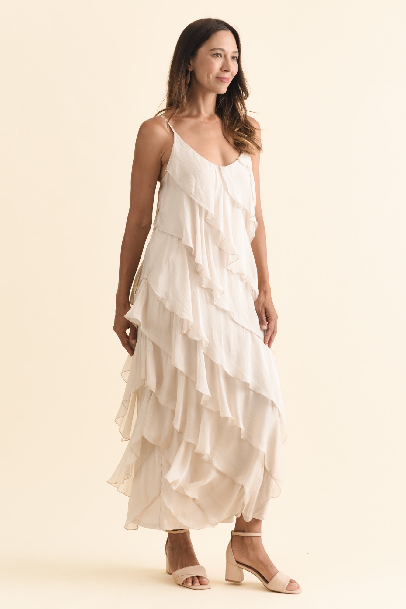 Dominica Champagne Silk Ruffle Dress