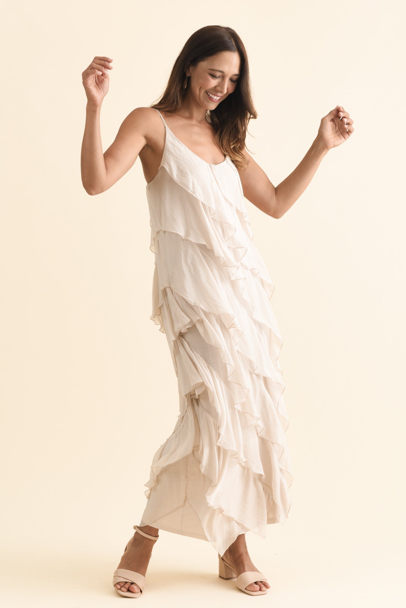 Dominica Champagne Silk Ruffle Dress