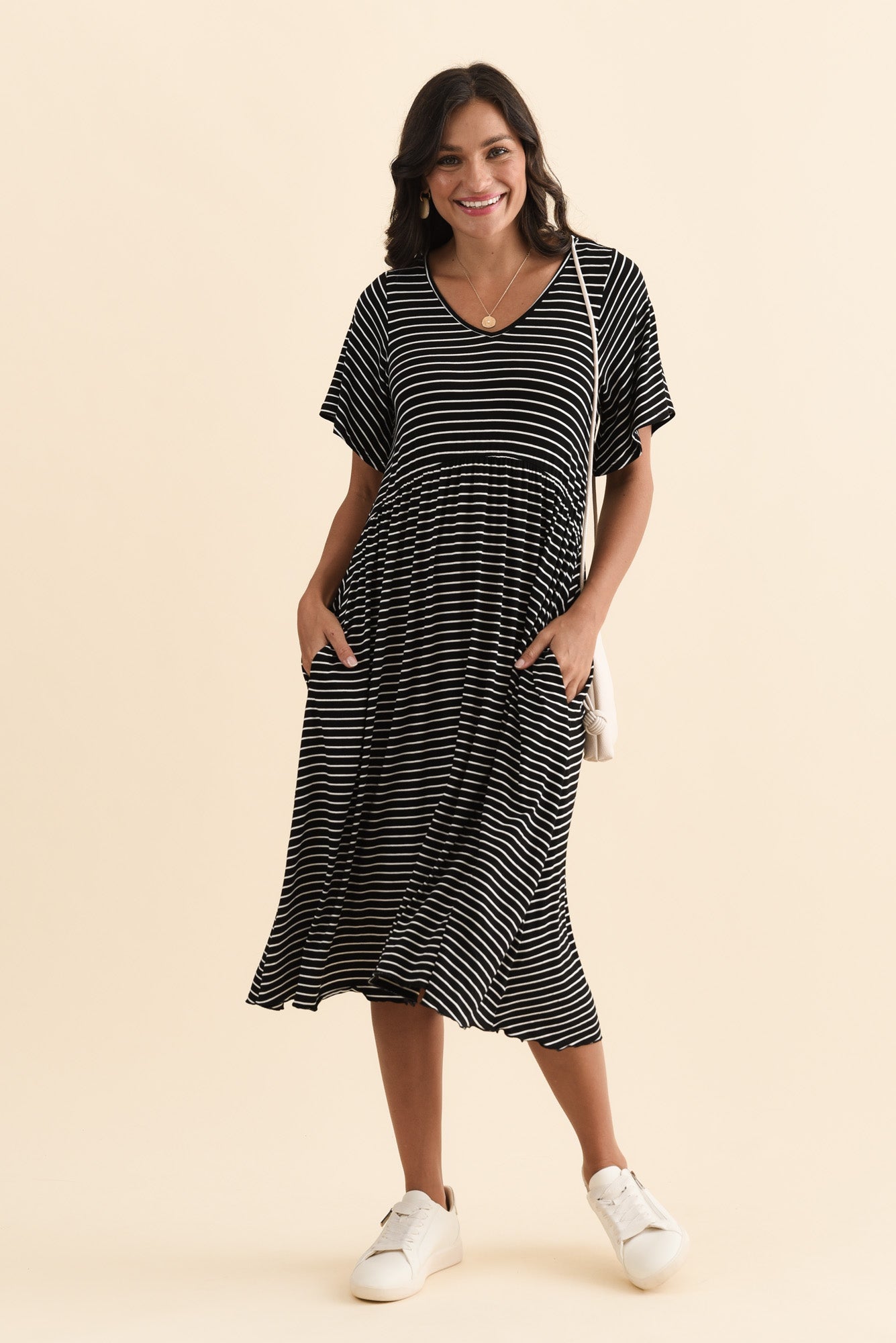 Donna Black Stripe Gathered Dress