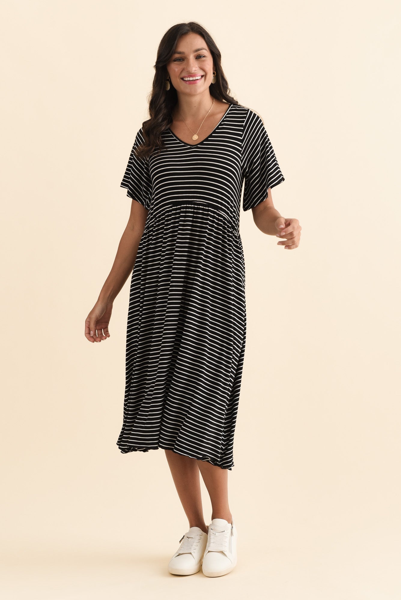Donna Black Stripe Gathered Dress