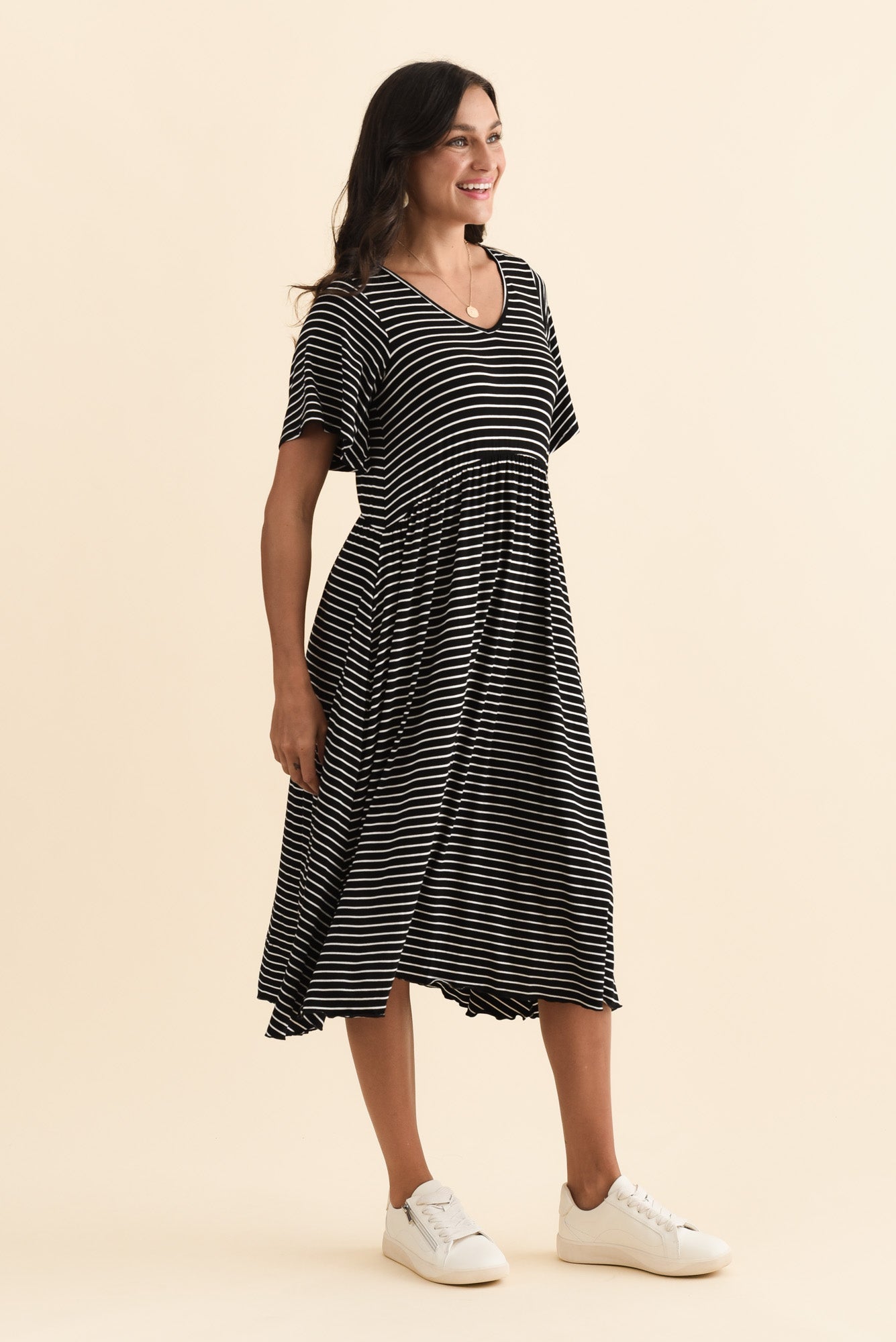 Donna Black Stripe Gathered Dress