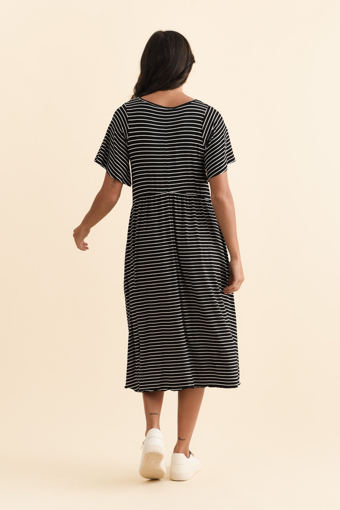 Donna Black Stripe Gathered Dress
