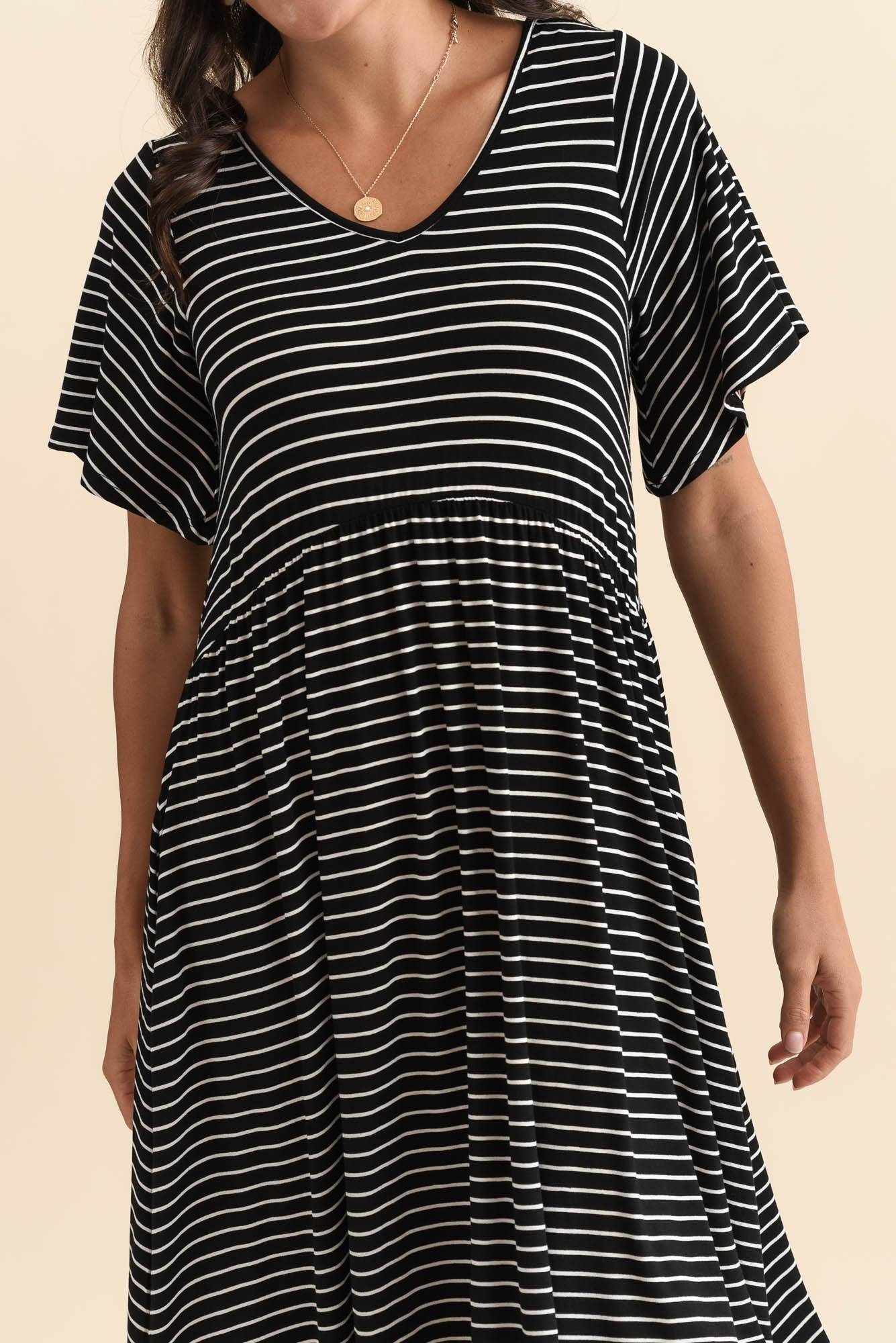 Donna Black Stripe Gathered Dress