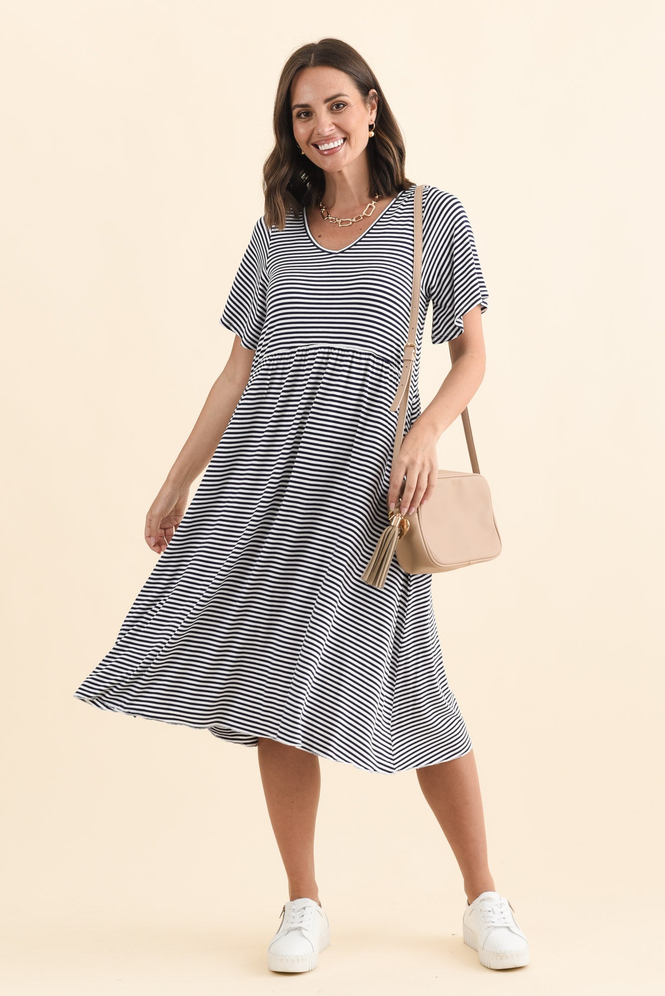 Donna Navy Stripe Gathered Dress
