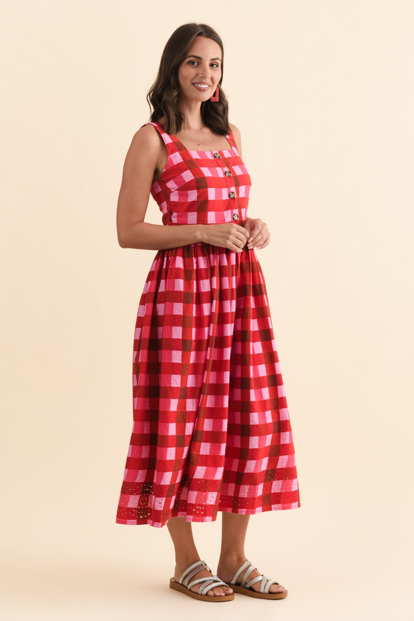 Edin Red Check Cotton Midi Dress