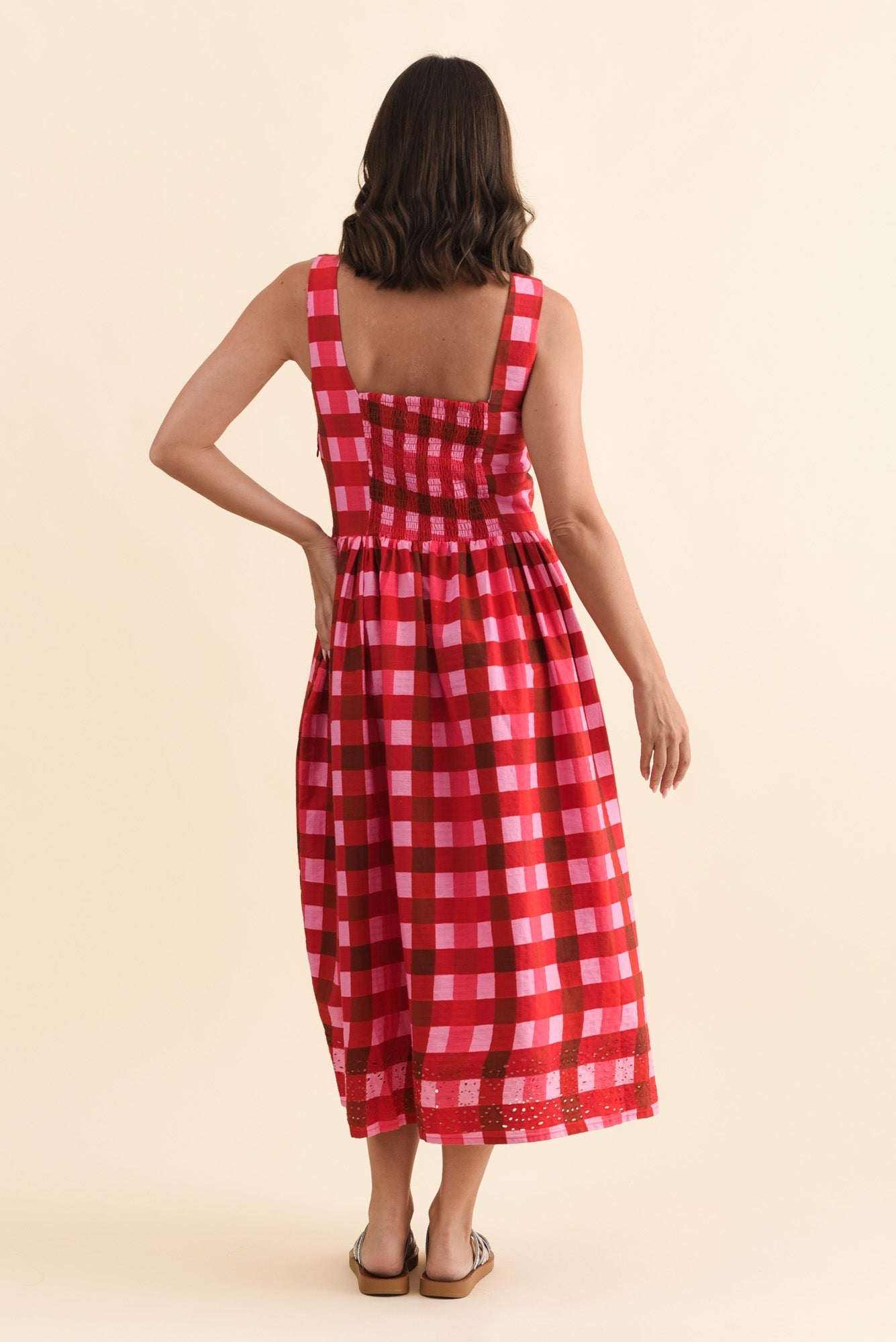 Edin Red Check Cotton Midi Dress