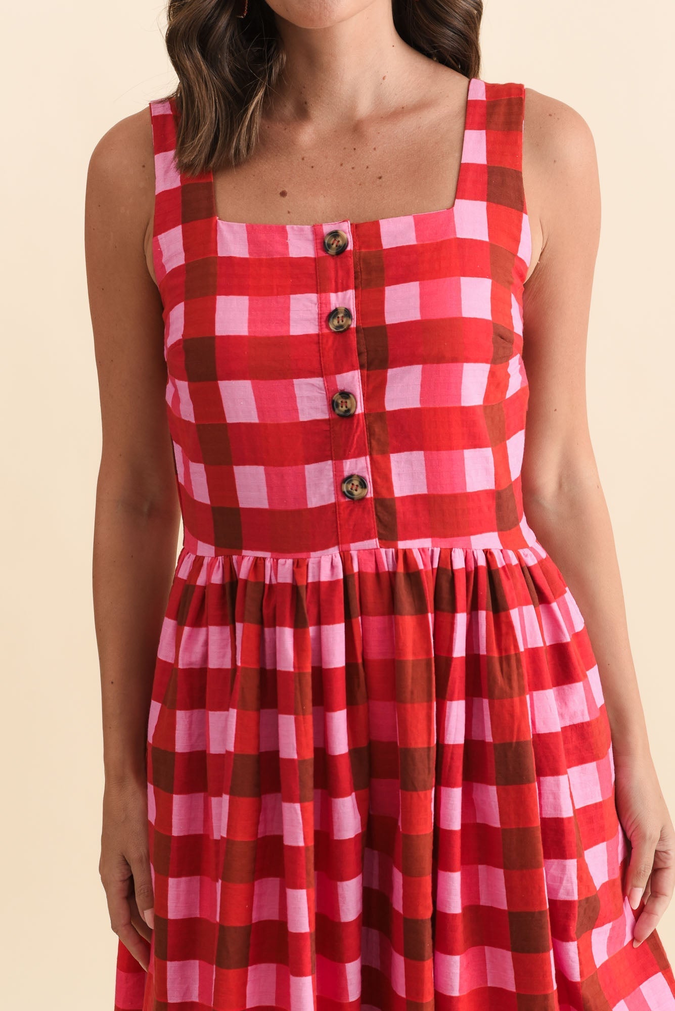 Edin Red Check Cotton Midi Dress