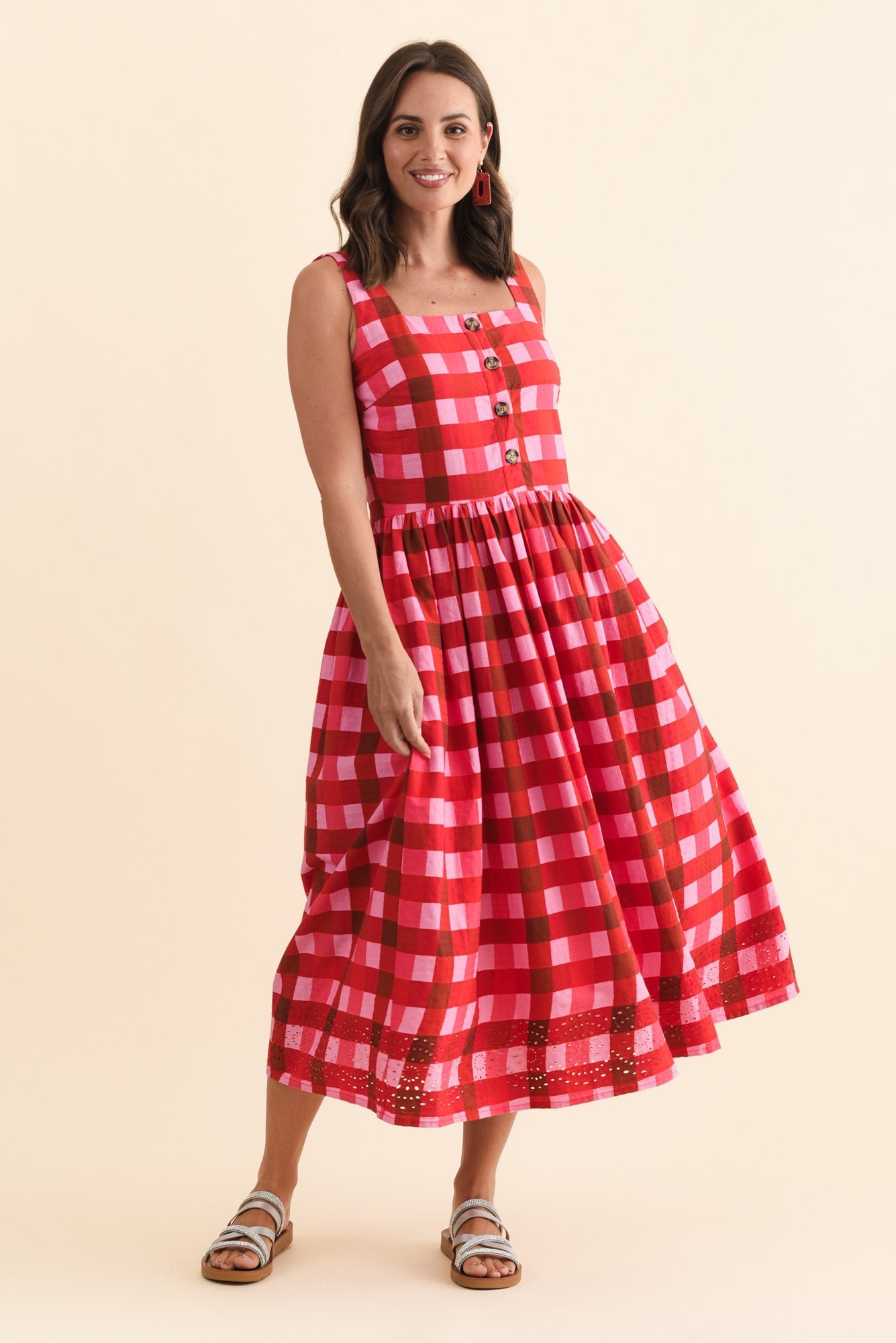 Edin Red Check Cotton Midi Dress