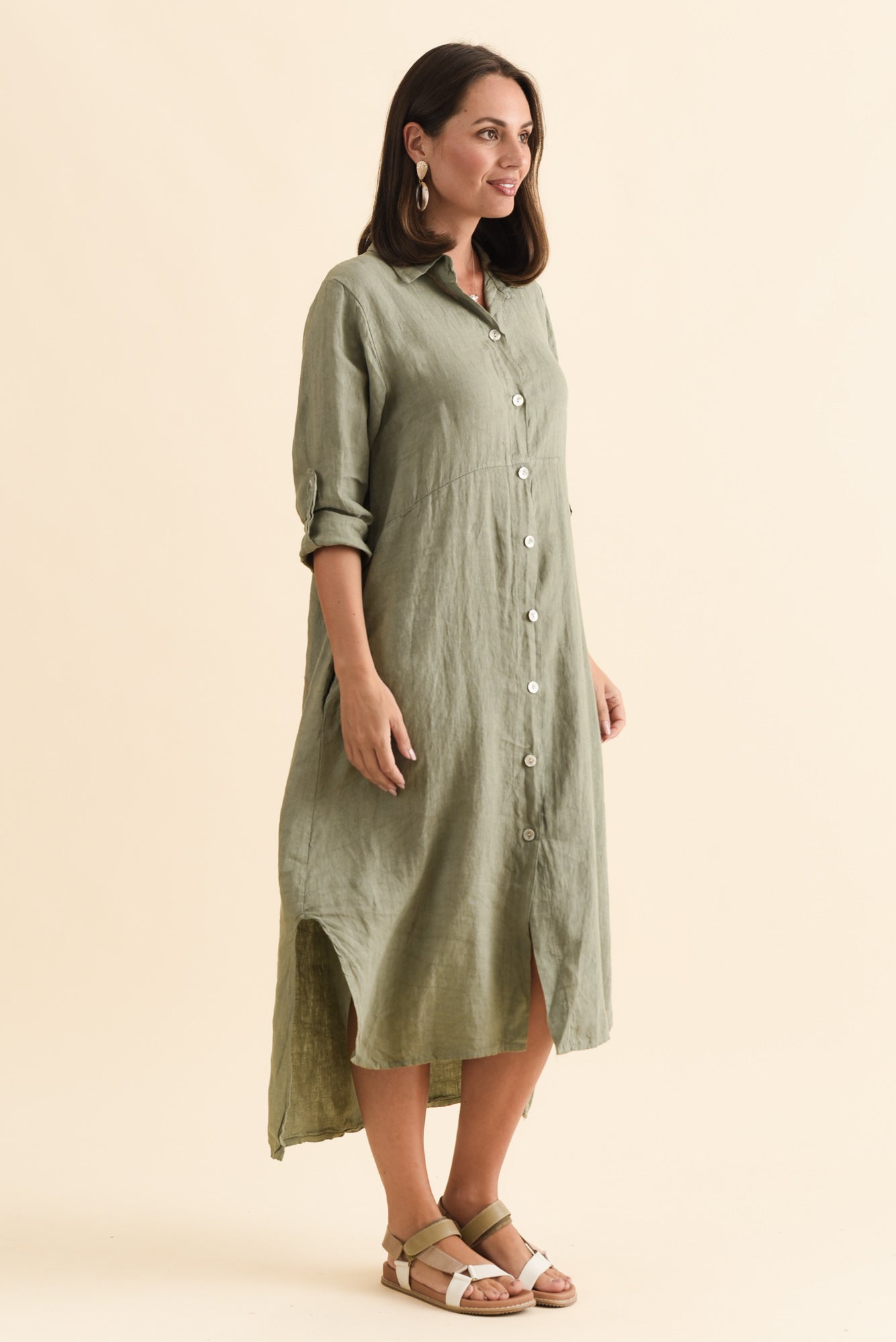 Elin Khaki Linen Shirt Dress