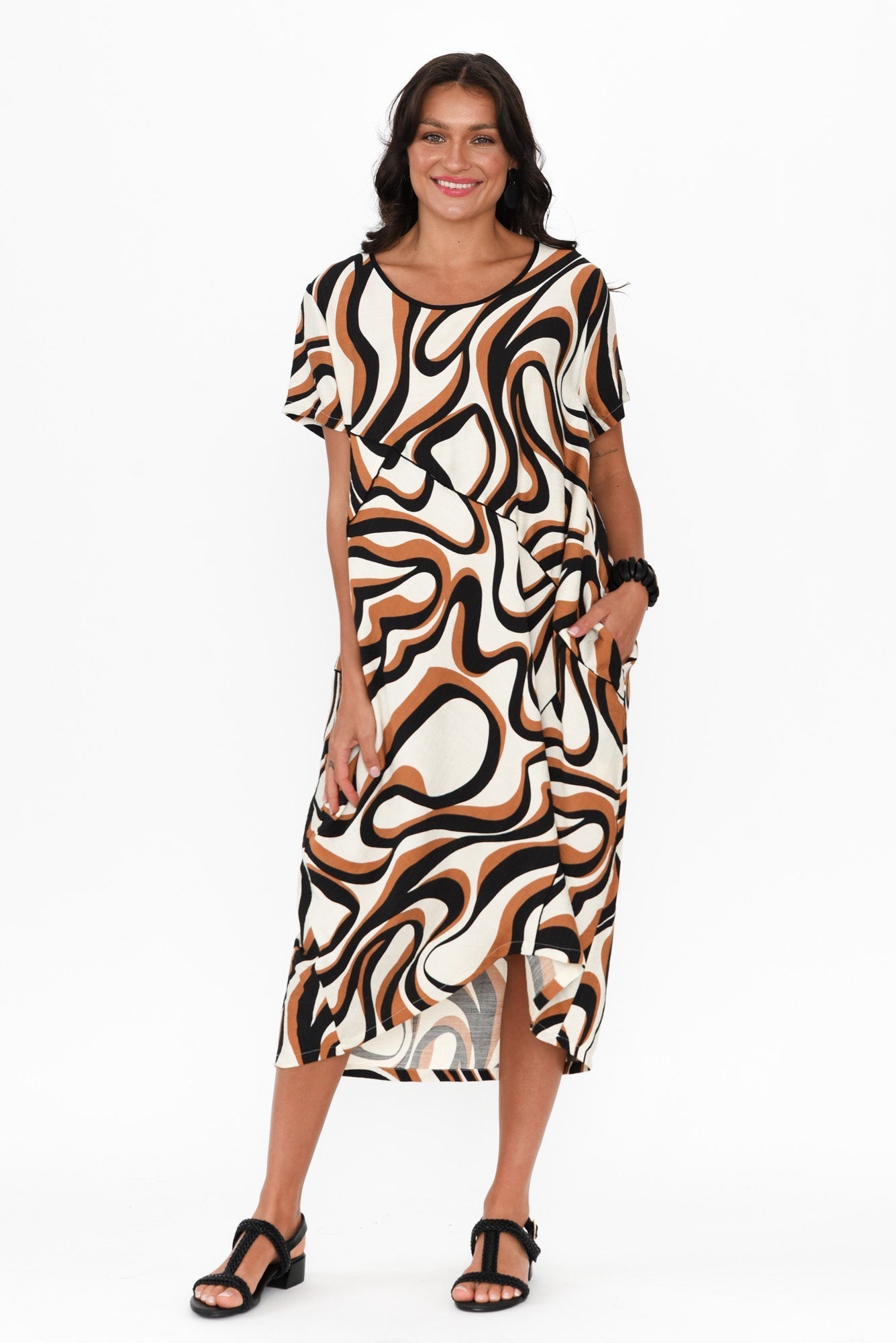 Elinda Brown Swirl Pocket Dress