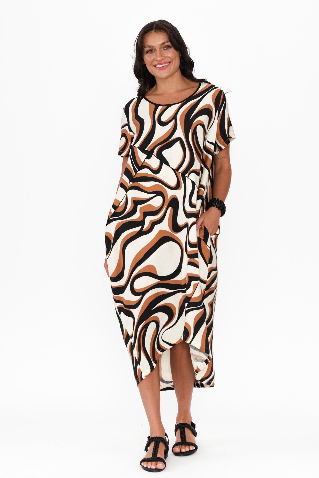 Elinda Brown Swirl Pocket Dress