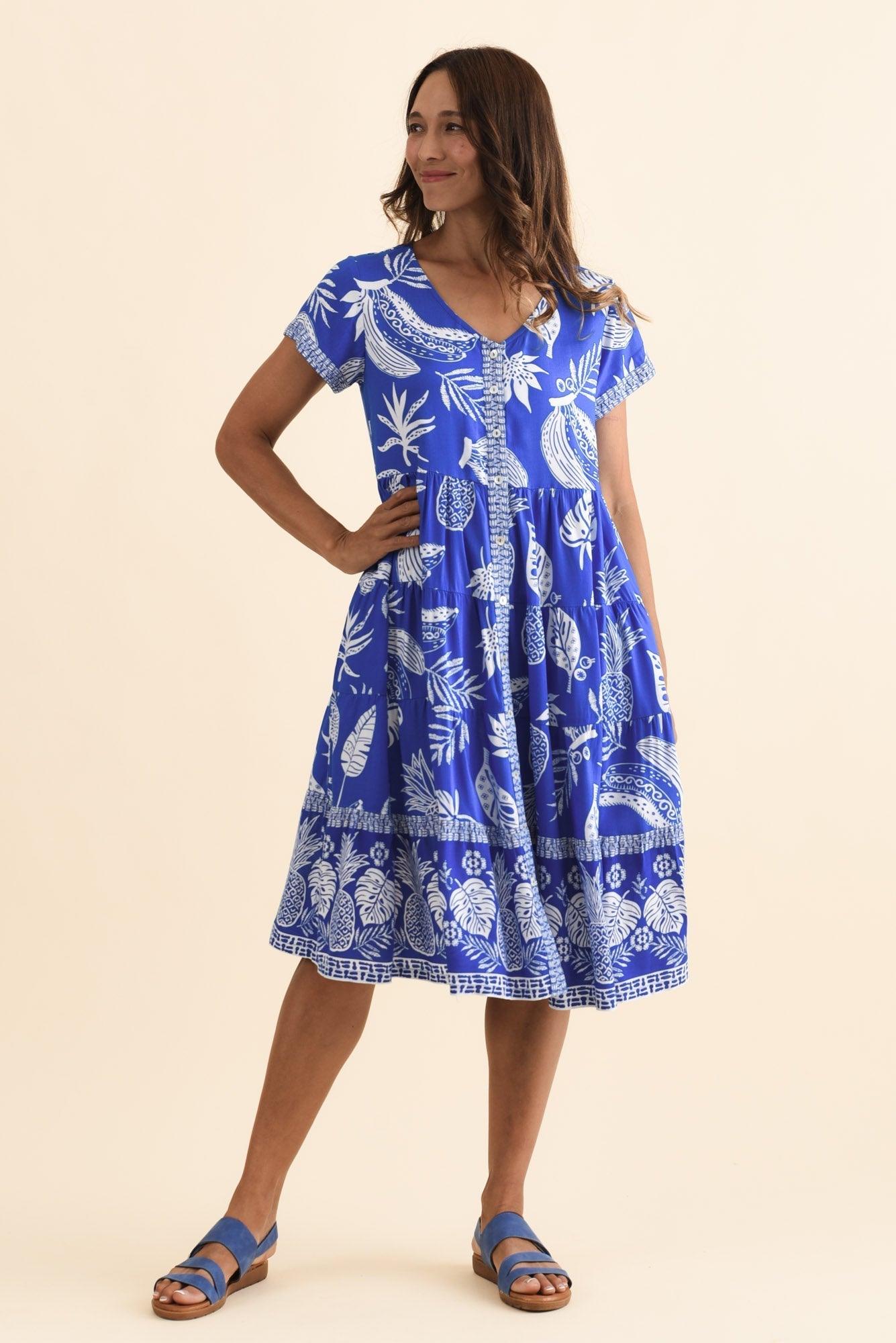 Emila Cobalt Tropical Button Dress