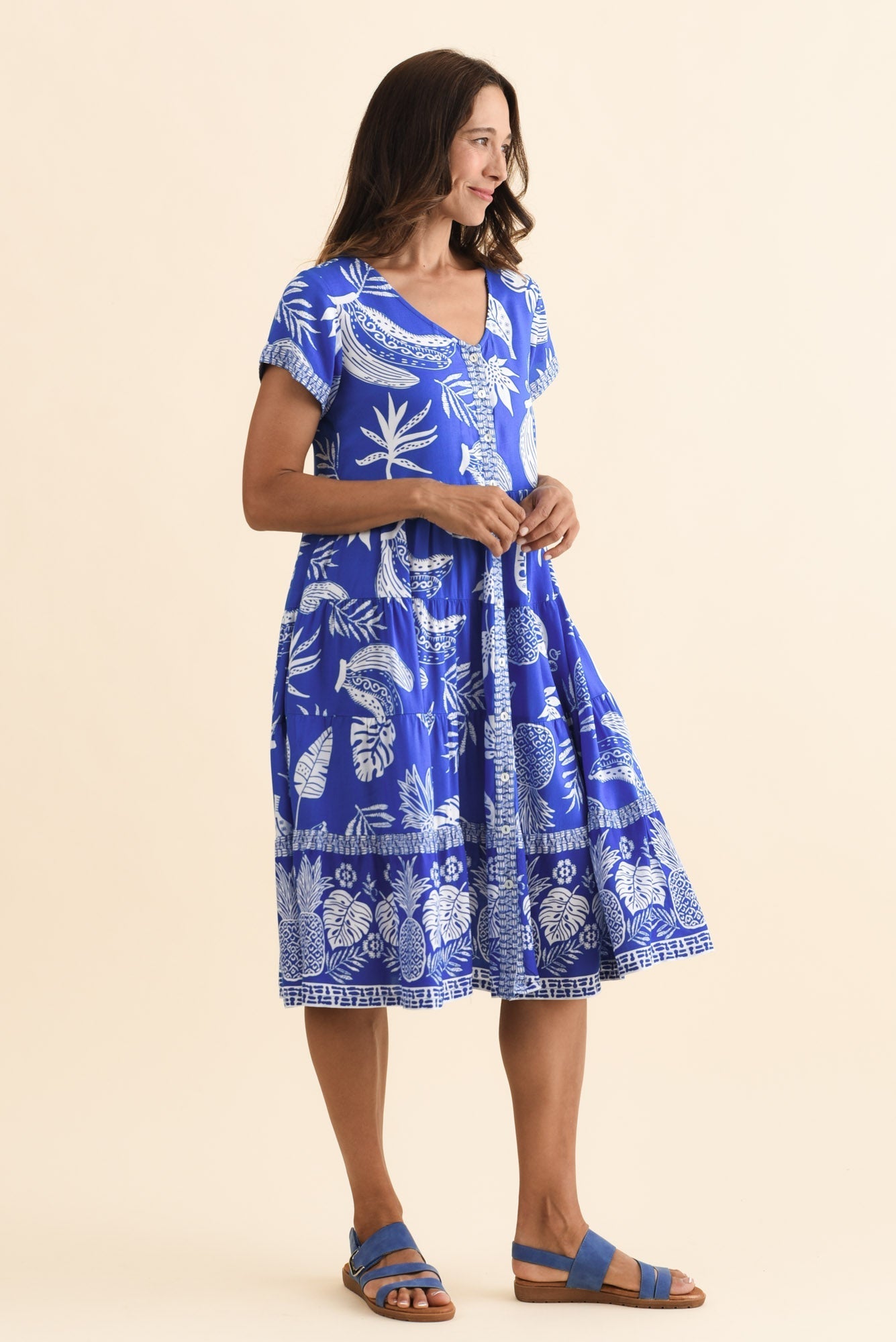 Emila Cobalt Tropical Button Dress