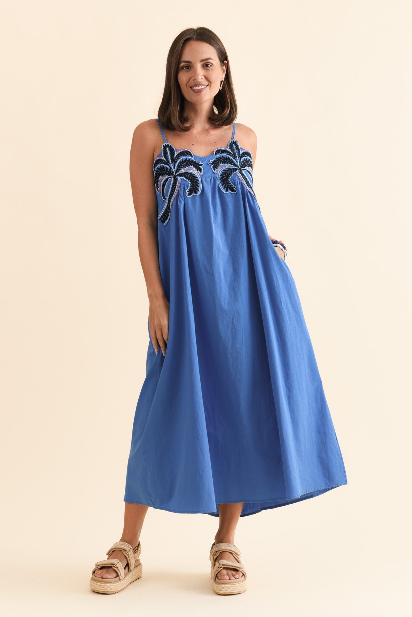 Essen Cobalt Cotton Poplin Embroidered Dress