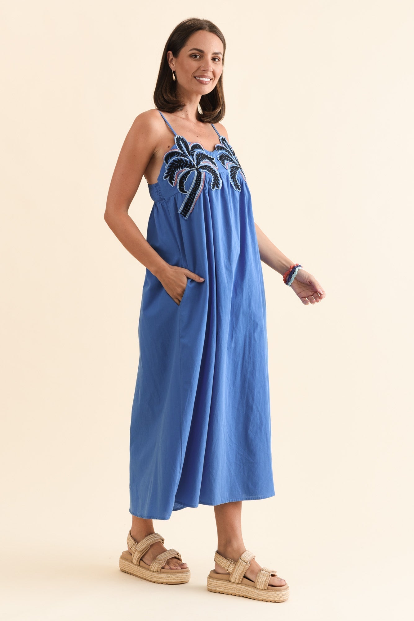 Essen Cobalt Cotton Poplin Embroidered Dress