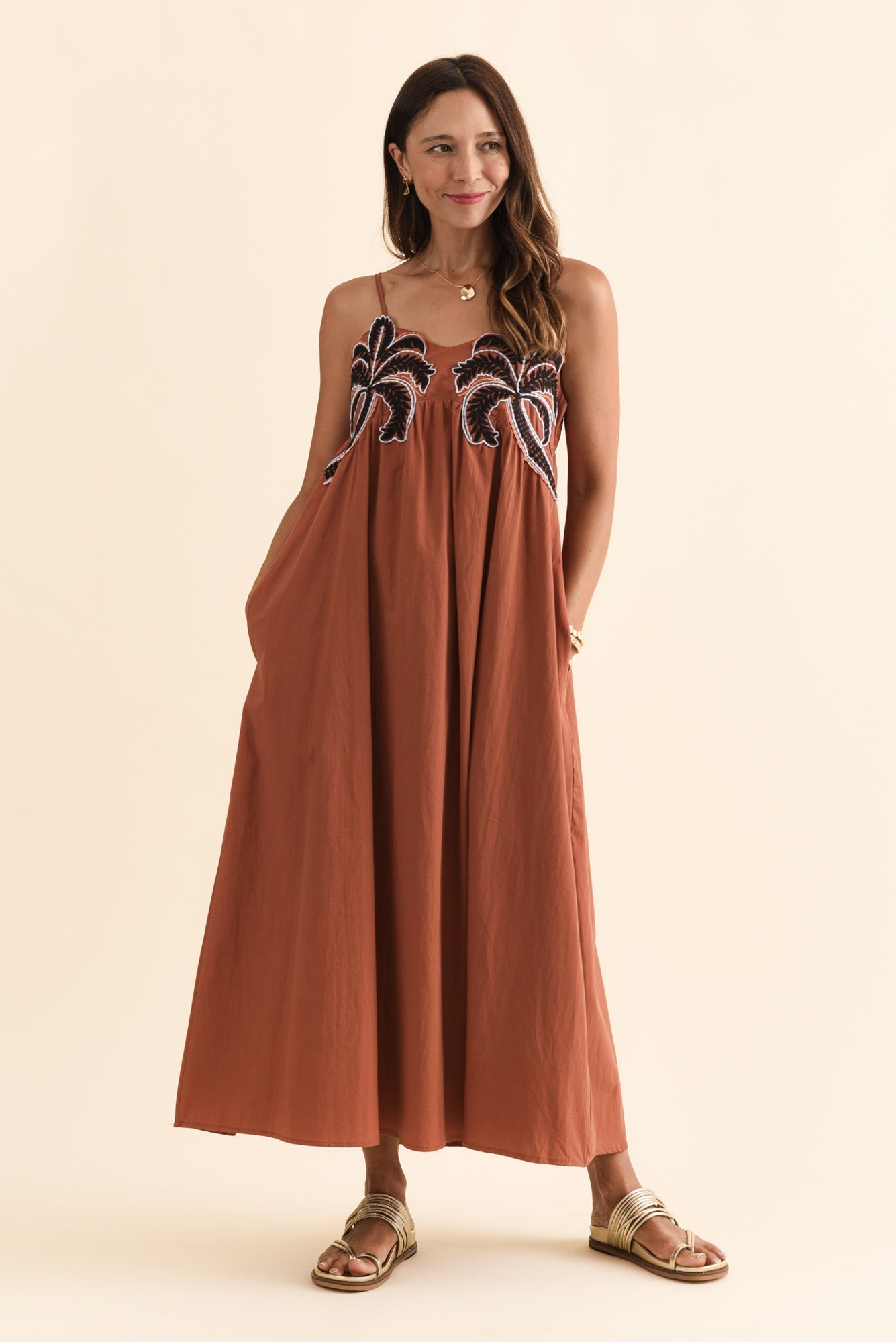 Essen Rust Cotton Poplin Embroidered Dress